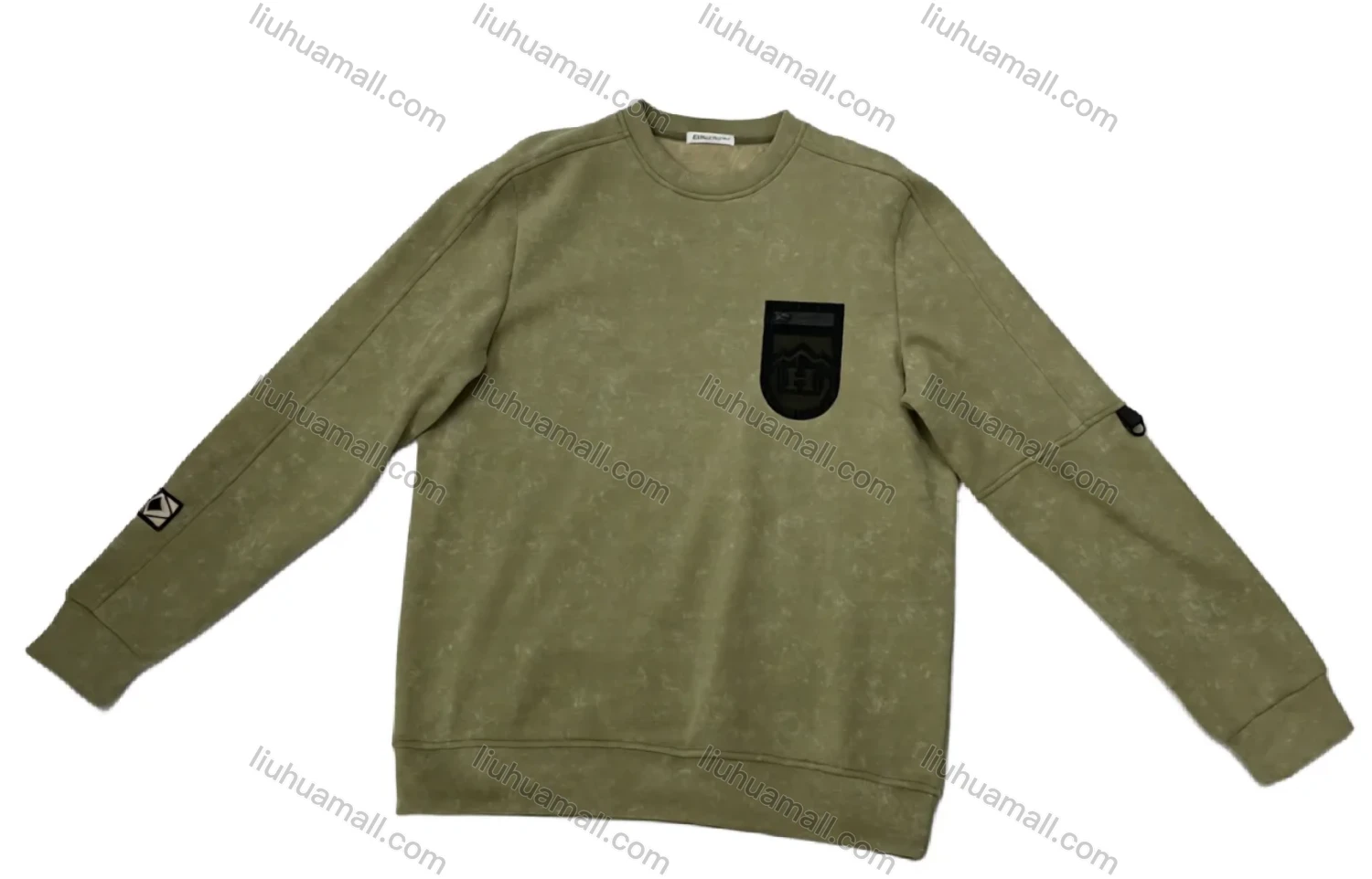 Wholesale Long Sleeve Crew Neck Sweatshirt - Army Green w/Stylish Patches, High Quality Fabric. Perfect for Bulk Orders - Liuhuamall