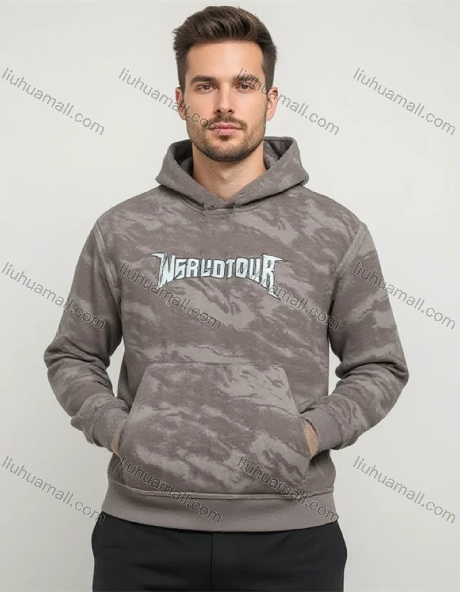Wholesale Brown Long Sleeve Hoodie w/ Abstract Pattern, Chest Pocket & Drawstring Hood. Minimalist Streetwear - Liuhuamall