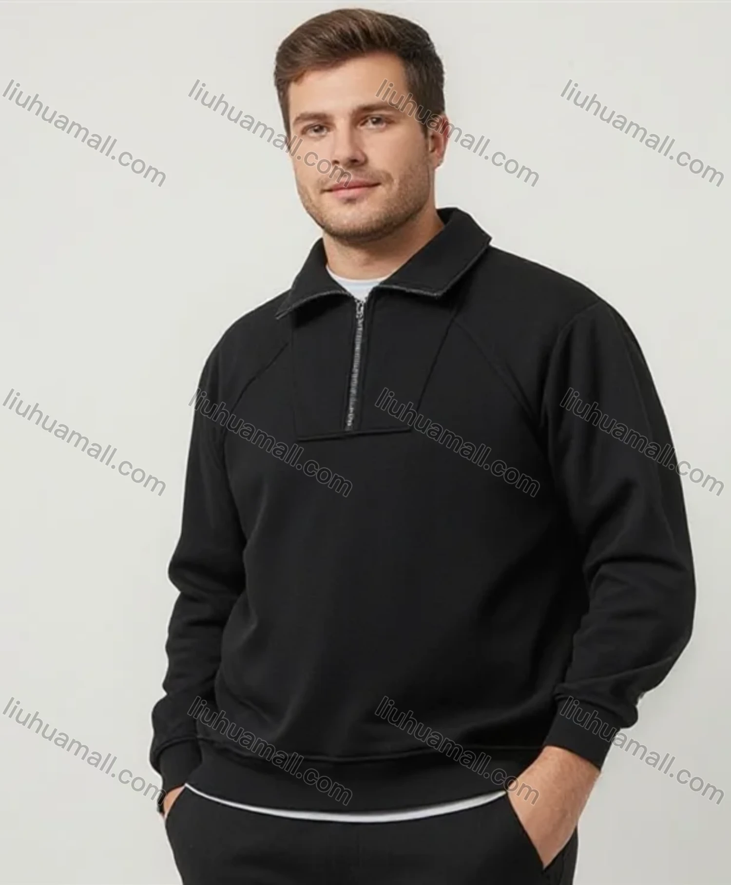 Wholesale Black Zip - Up Long Sleeve Top w/Stand - Collar! Durable Premium Fabric for Men's Casual/Formal Bulk Order - Liuhuamall