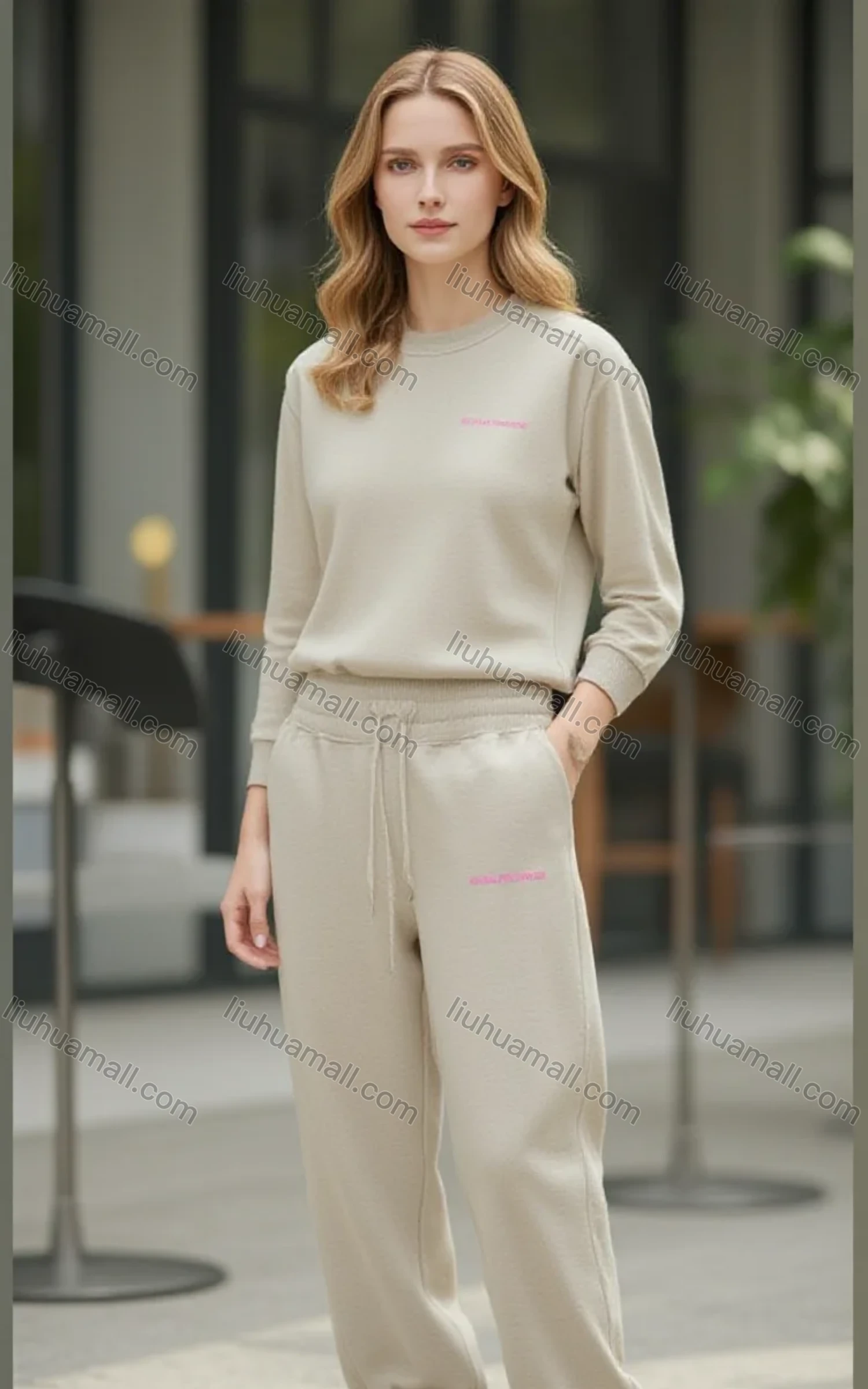 Wholesale Women's Beige Cardigan Suit w/ Striped Pants - Minimalist Pink Accents for Casual Athleisure - Liuhuamall