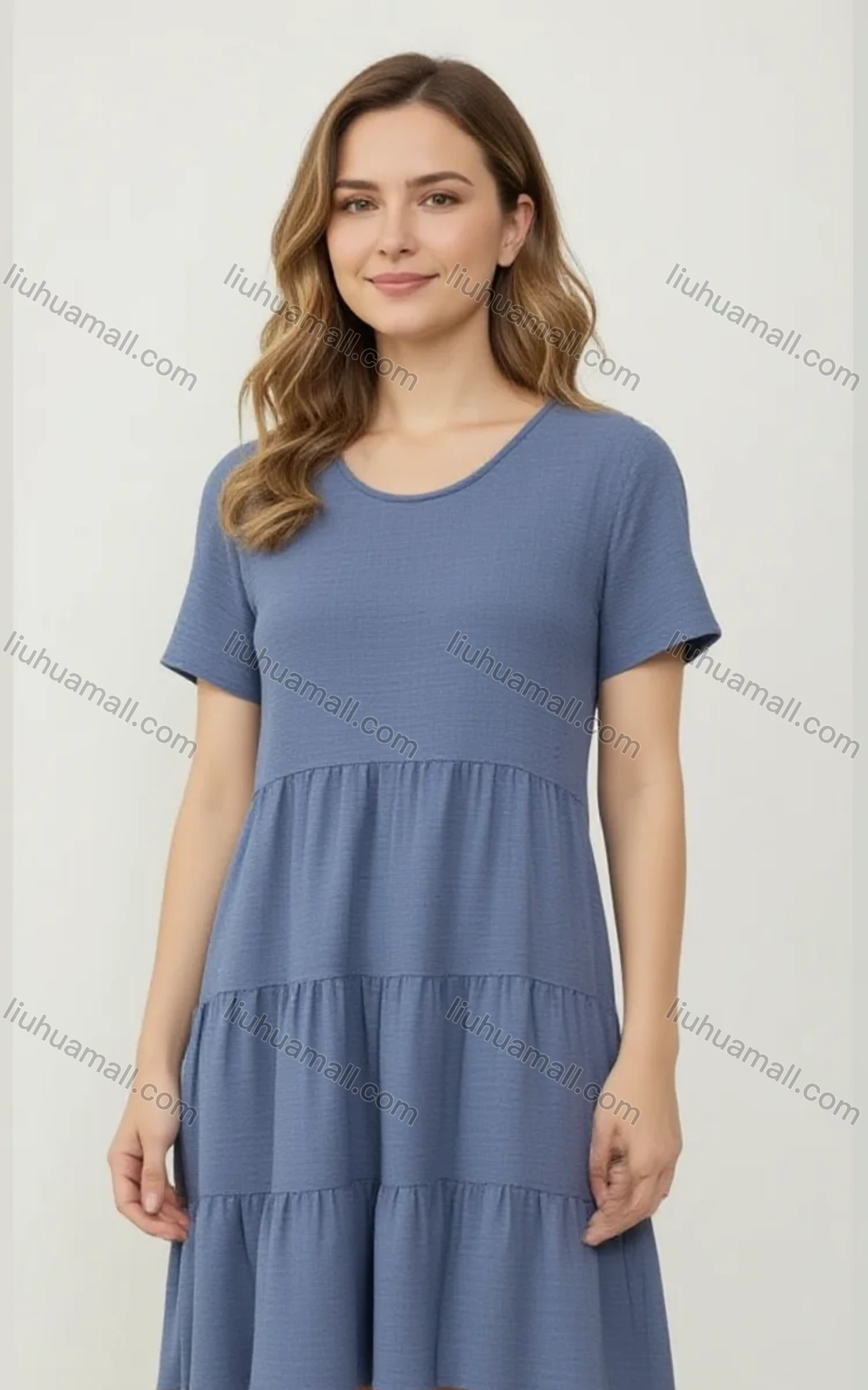 Wholesale Women's Light Blue Casual Dress - Short Sleeve Loose Fit, Soft Knit Fabric w/ Pleated Waist for Bulk Order - Liuhuamall