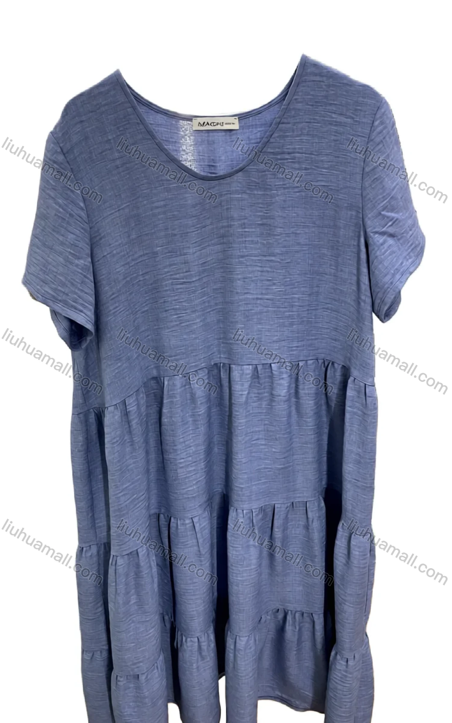 Wholesale Women's Light Blue Casual Dress - Short Sleeve Loose Fit, Soft Knit Fabric w/ Pleated Waist for Bulk Order - Liuhuamall