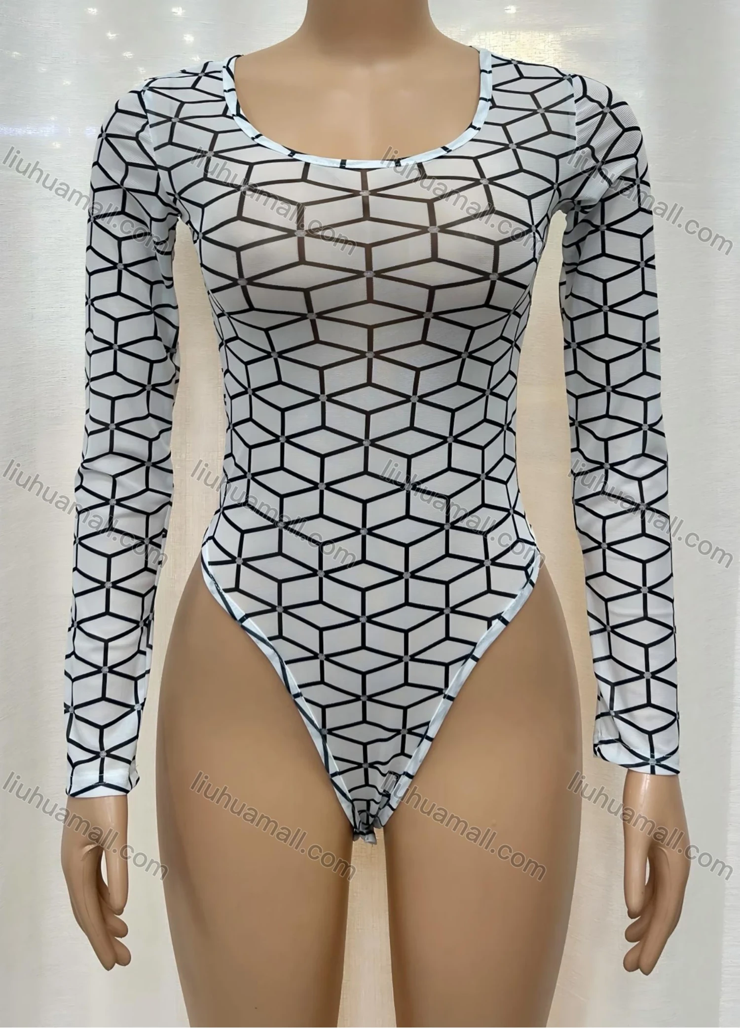 Wholesale Women's Fashion Korean Net Translucence Crew Neck Unisize Plain Long Sleeve Bodysuit 10745-1# - Liuhuamall