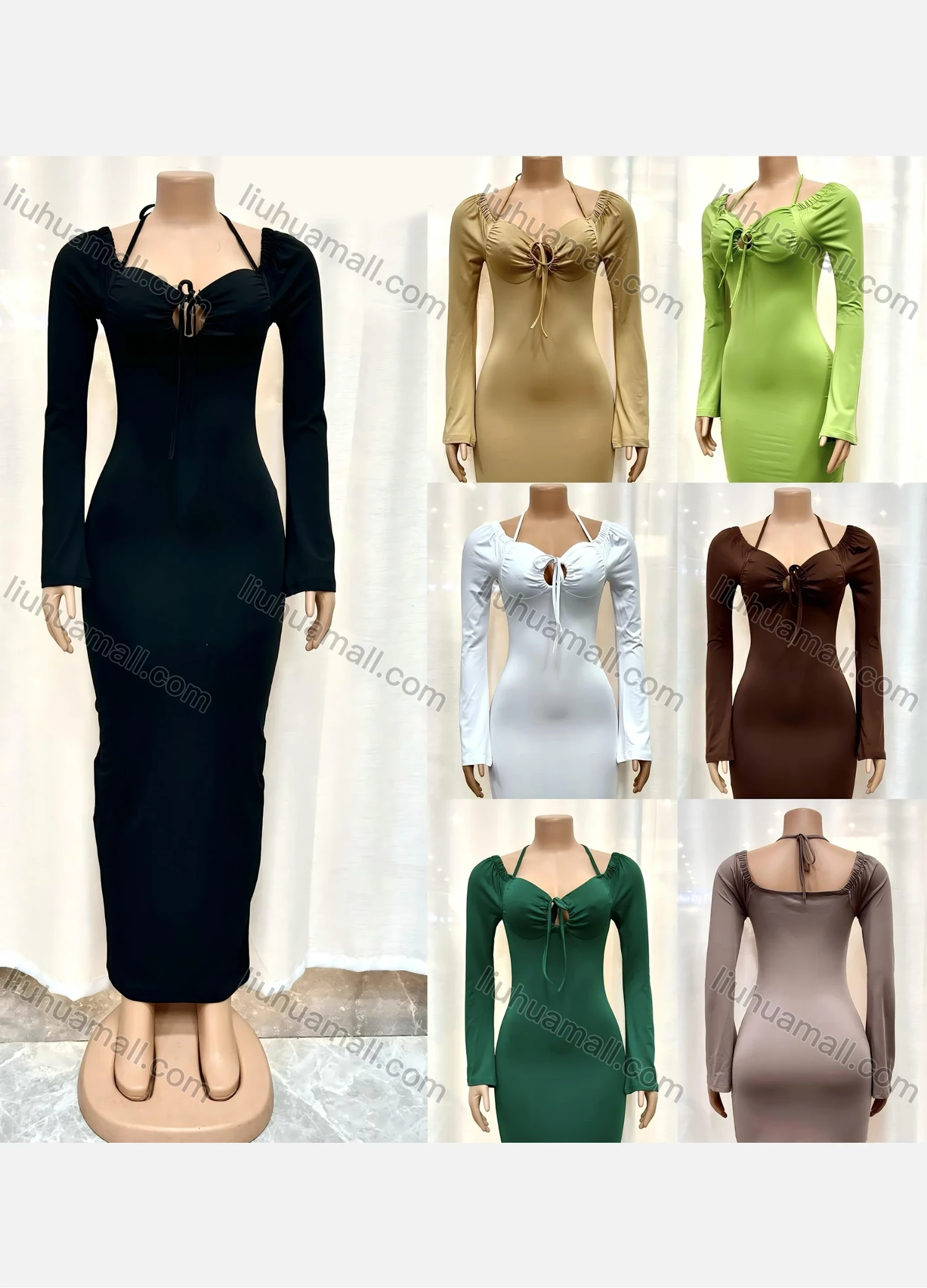 Wholesale Women's Milk Silk Long Sleeve Lace Up Sweetheart Bodycon Maxi Dress 11099# - Liuhuamall