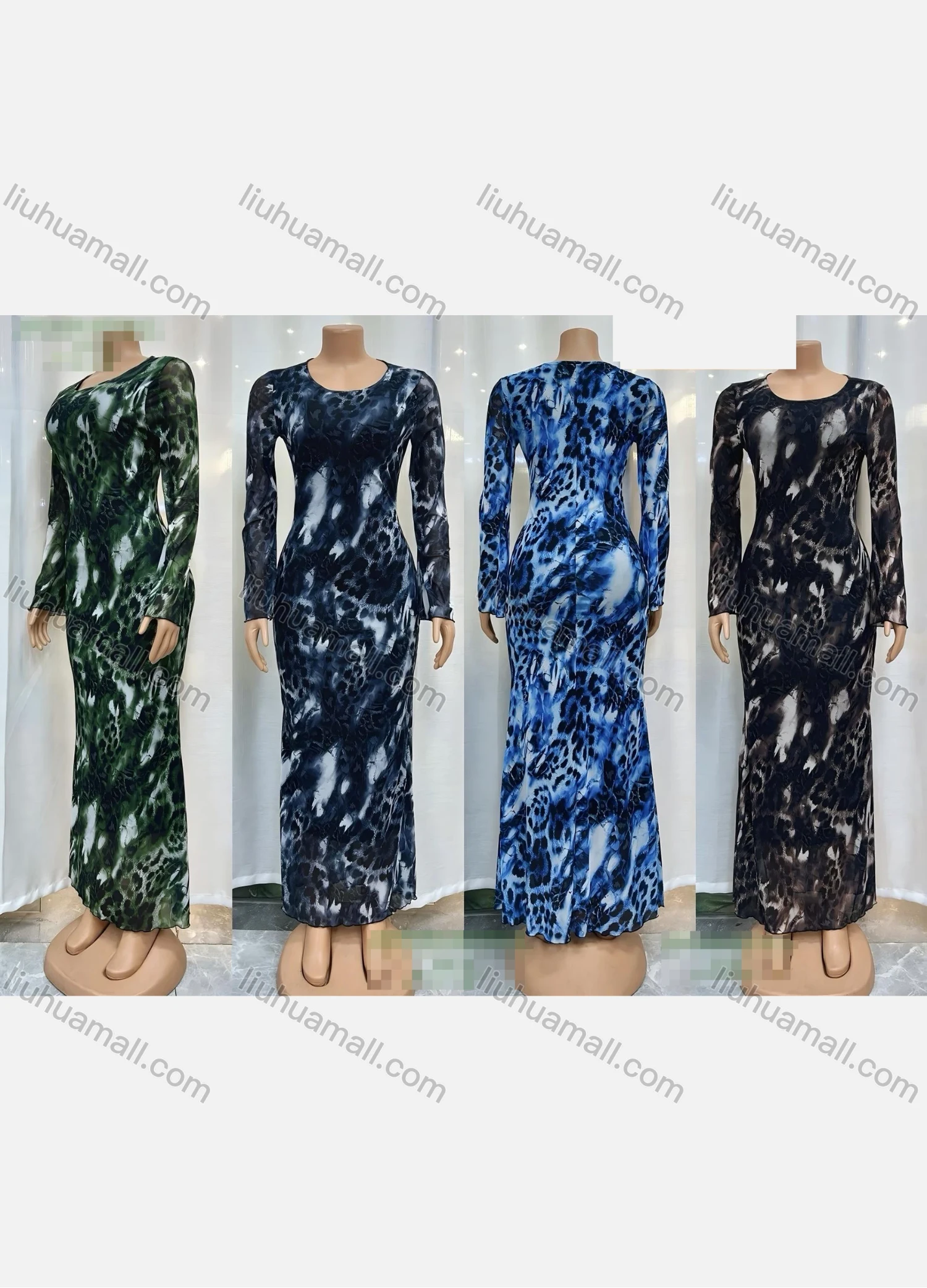 Wholesale Women's Milk Silk Long Sleeve Crew Neck Allover Print Bodycon Maxi Dress 11409# - Liuhuamall