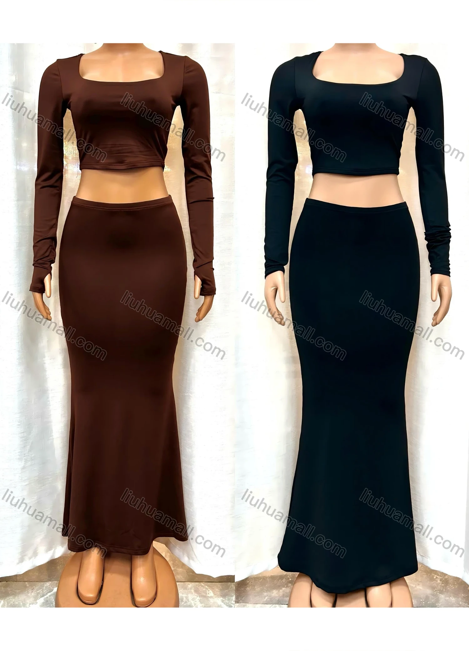 Wholesale Women's Milk Silk Plain Long Sleeve Slim Fit Crop Top With Pencil Skirt 2 Piece Set 11235# - Liuhuamall