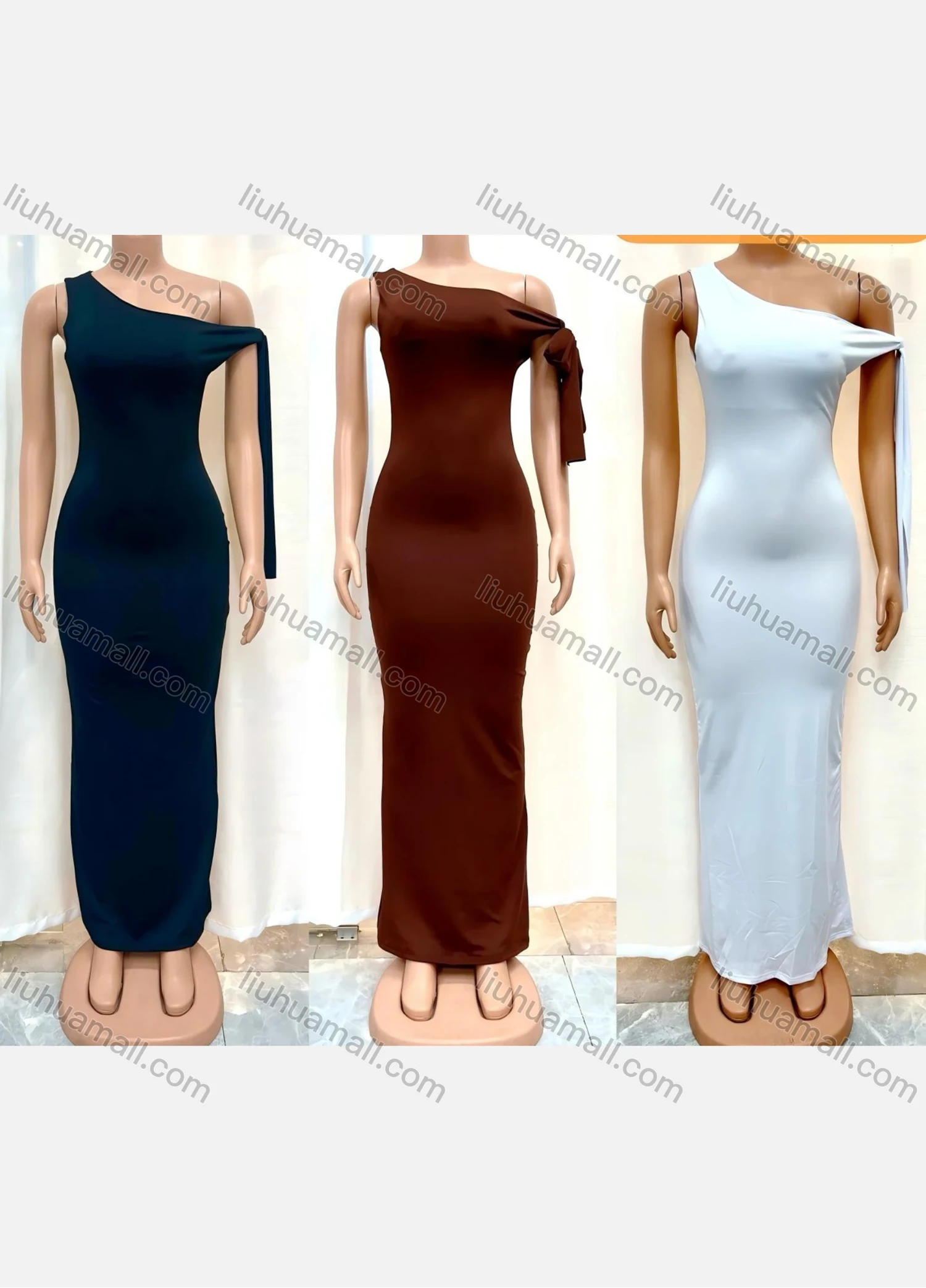 Wholesale Women's Milk Silk One Shoulder Plain Bodycon Maxi Dress 11284# - Liuhuamall