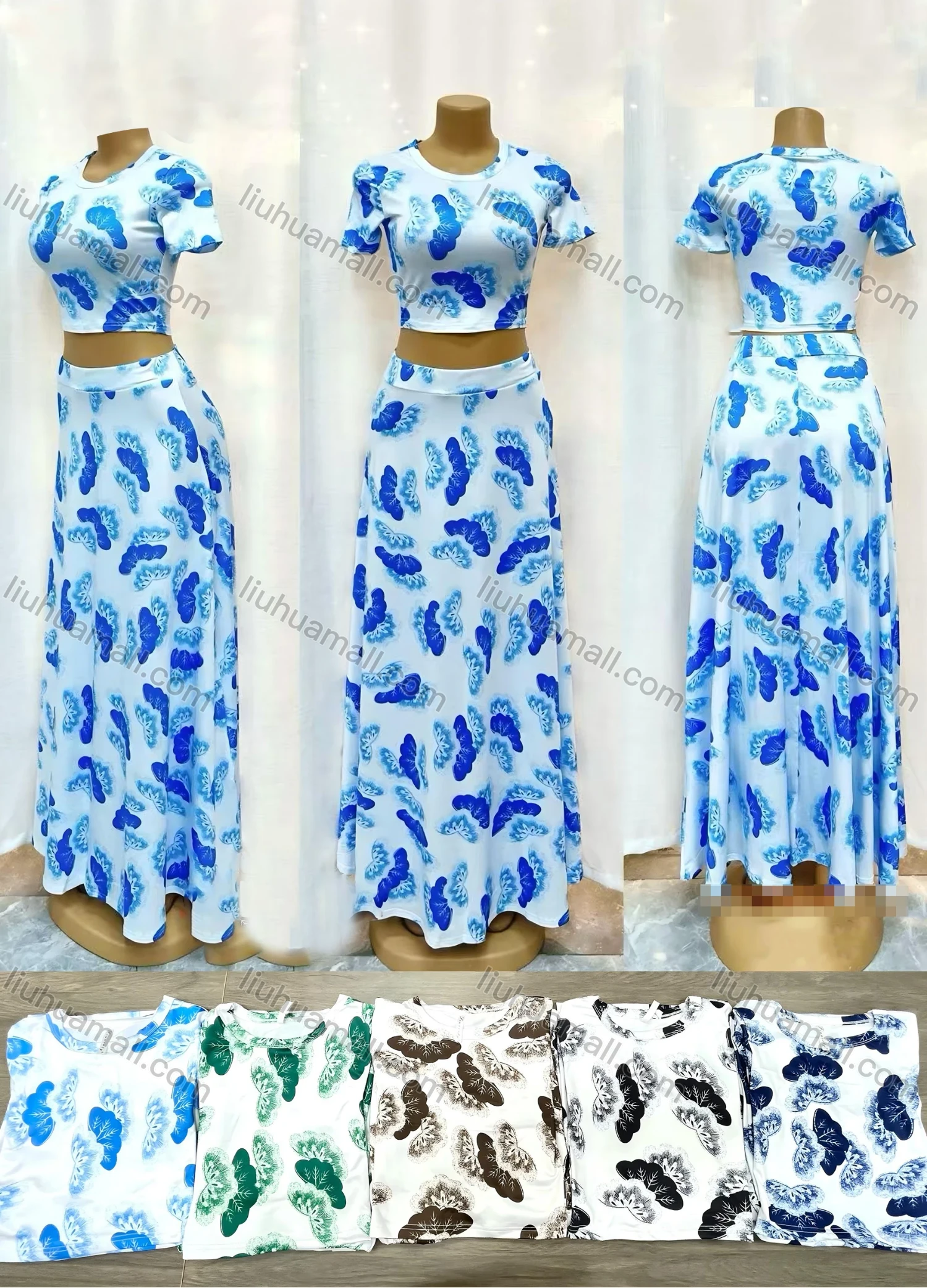 Wholesale Women's Milk Silk Short Sleeve Slim Fit Butterfly Print Crop Top With Pencil Skirt 2 Piece Set 11273# - Liuhuamall