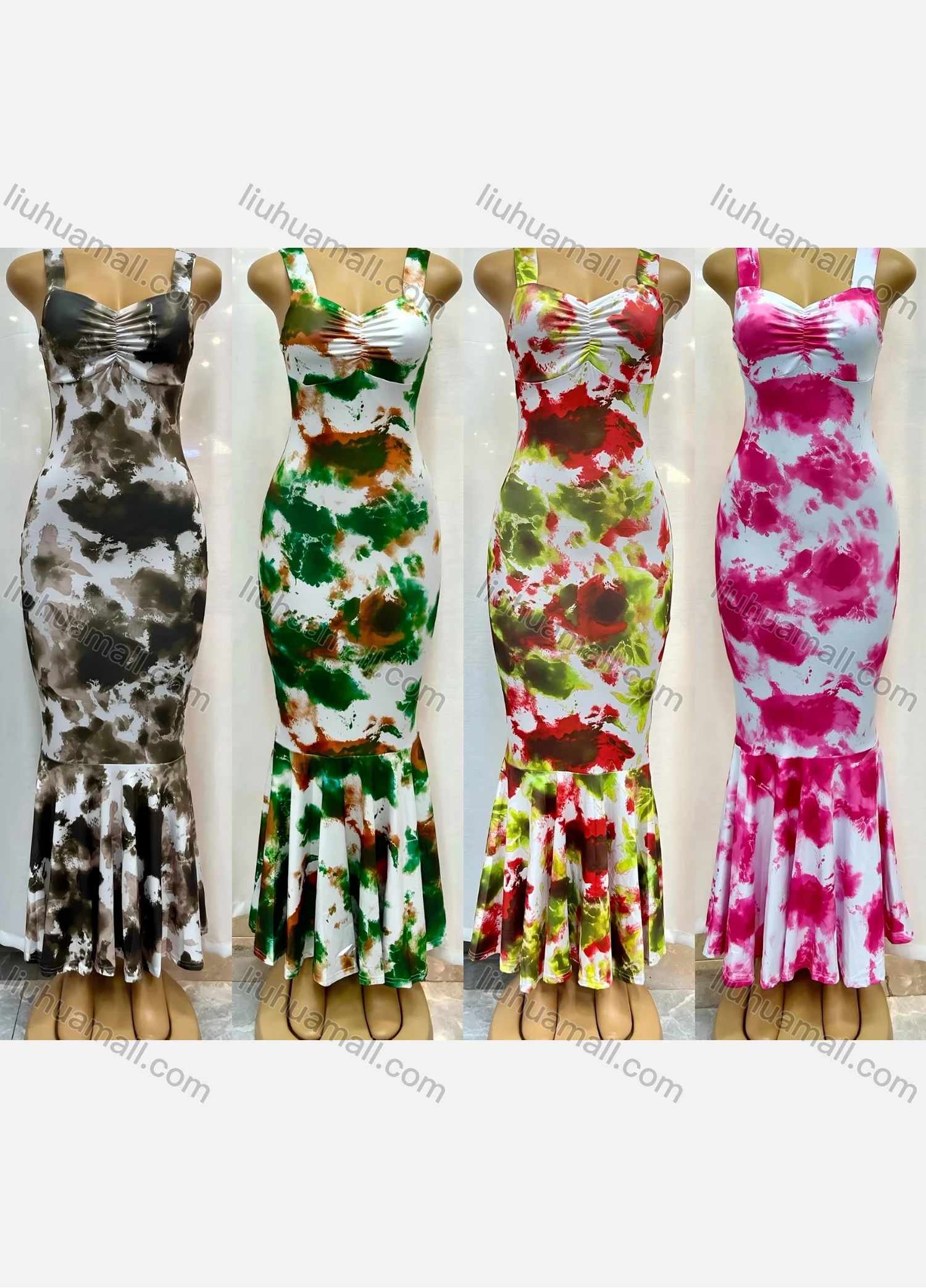 Wholesale Women's Milk Silk Tie Dye Sweetheart Slim Fit Mermaid Hem Sleeveless Maxi Dress 11259# - Liuhuamall