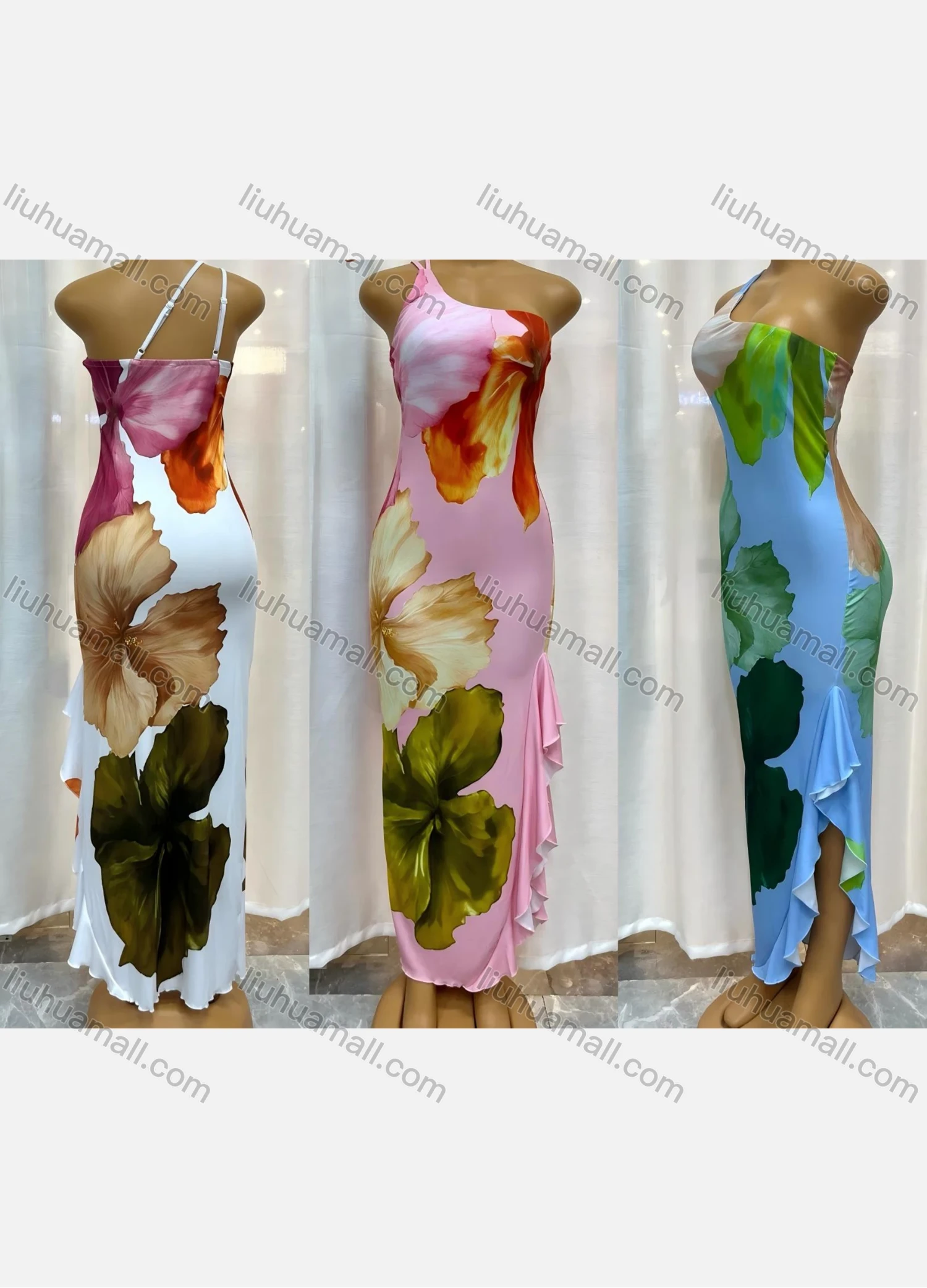 Wholesale Women's Milk Silk One Shoulder Floral Print Bodycon Slit Hem Maxi Dress 10836# - Liuhuamall