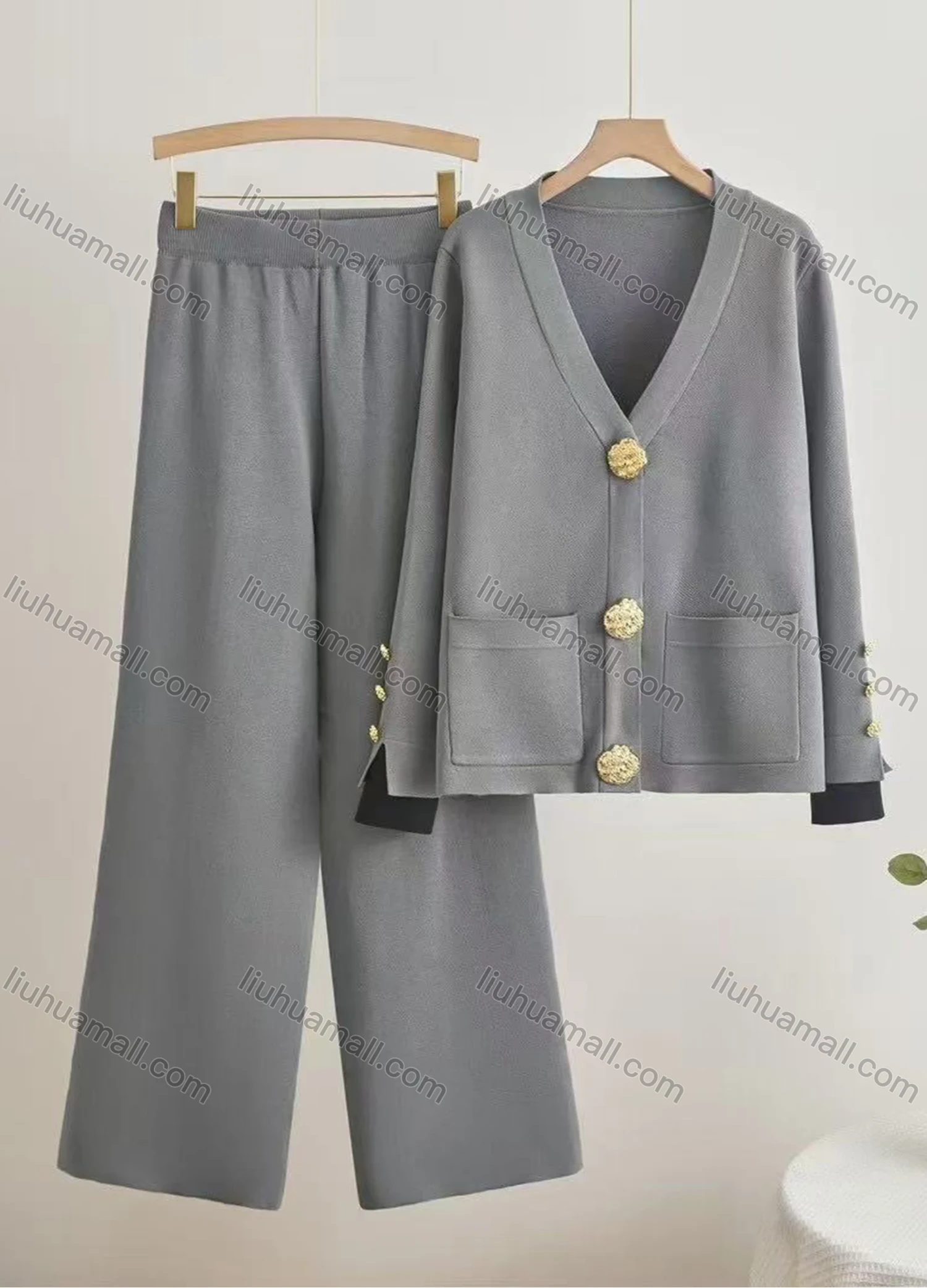 Wholesale Women's Elegant Plain Patch Pocket Cardigan 2 Piece Set With Wide-leg Pants - Liuhuamall