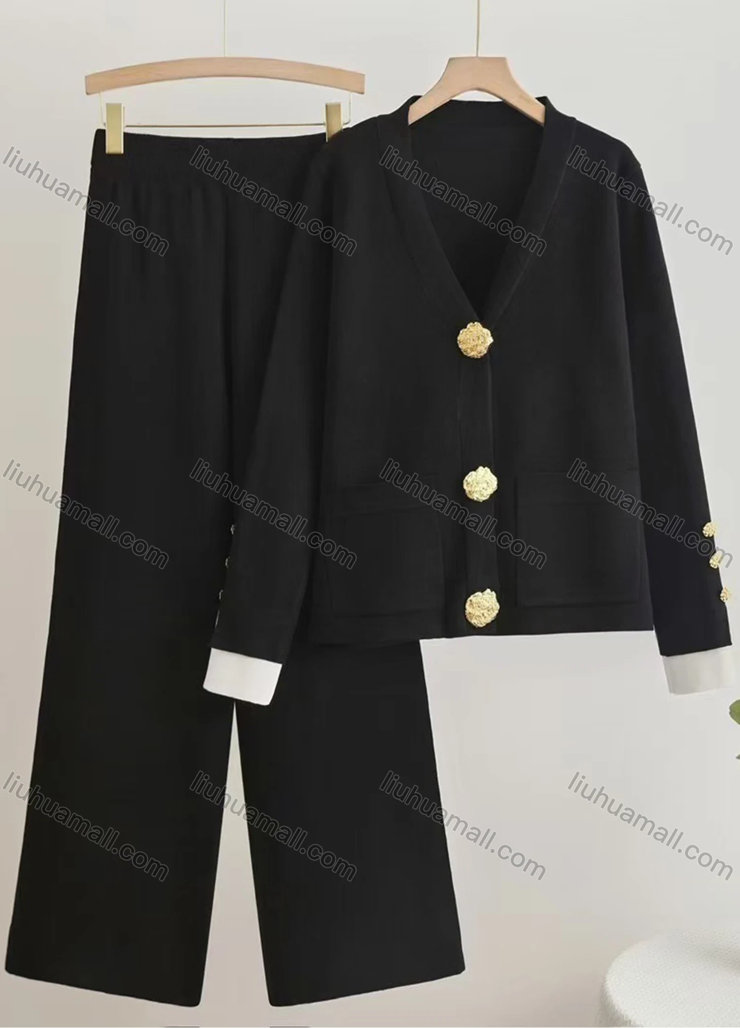 Wholesale Women's Elegant Plain Patch Pocket Cardigan 2 Piece Set With Wide-leg Pants - Liuhuamall