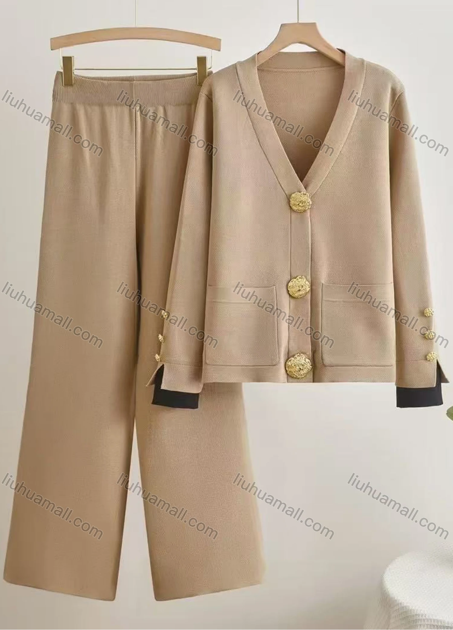 Wholesale Women's Elegant Plain Patch Pocket Cardigan 2 Piece Set With Wide-leg Pants - Liuhuamall