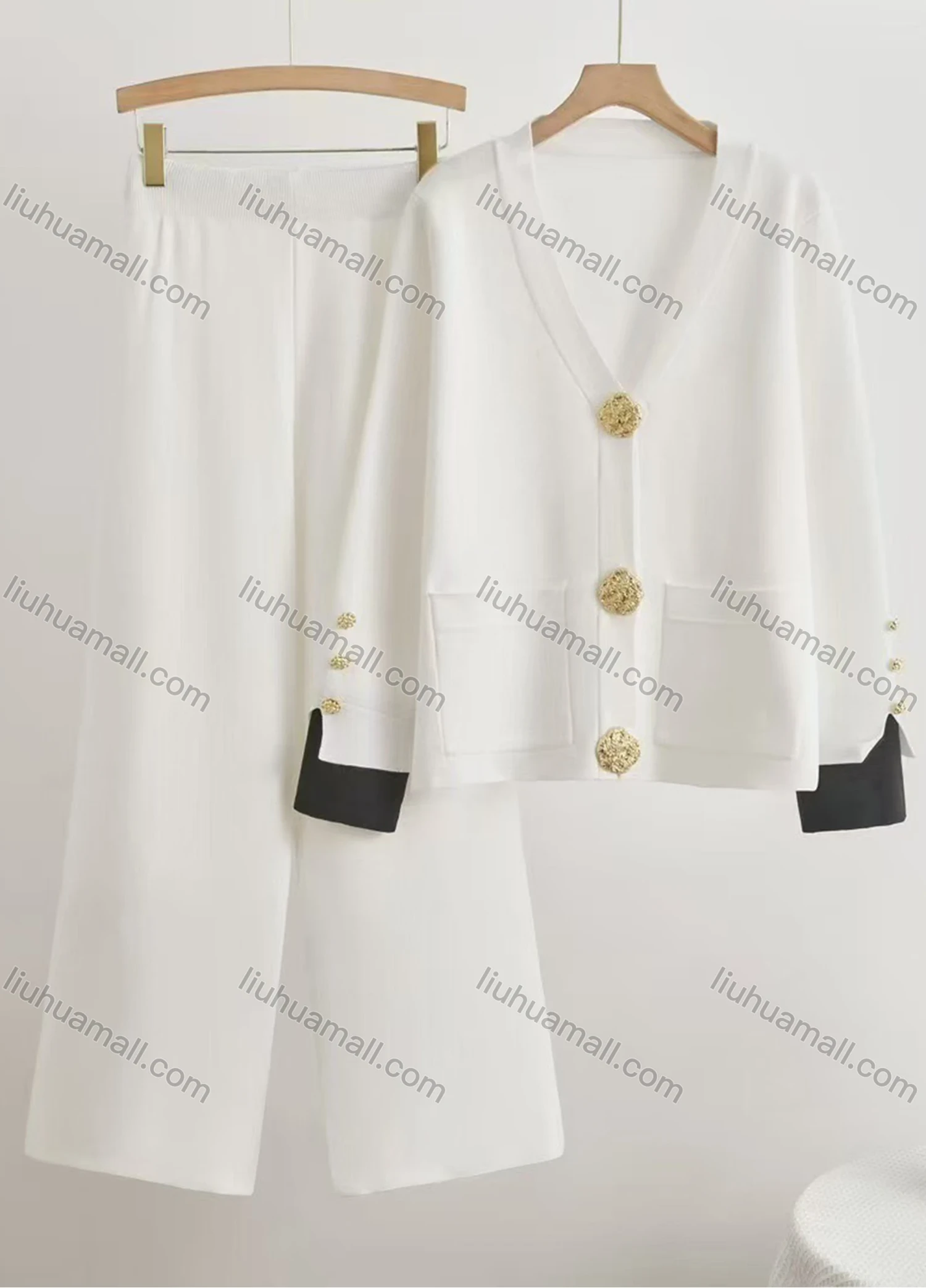 Wholesale Women's Elegant Plain Patch Pocket Cardigan 2 Piece Set With Wide-leg Pants - Liuhuamall