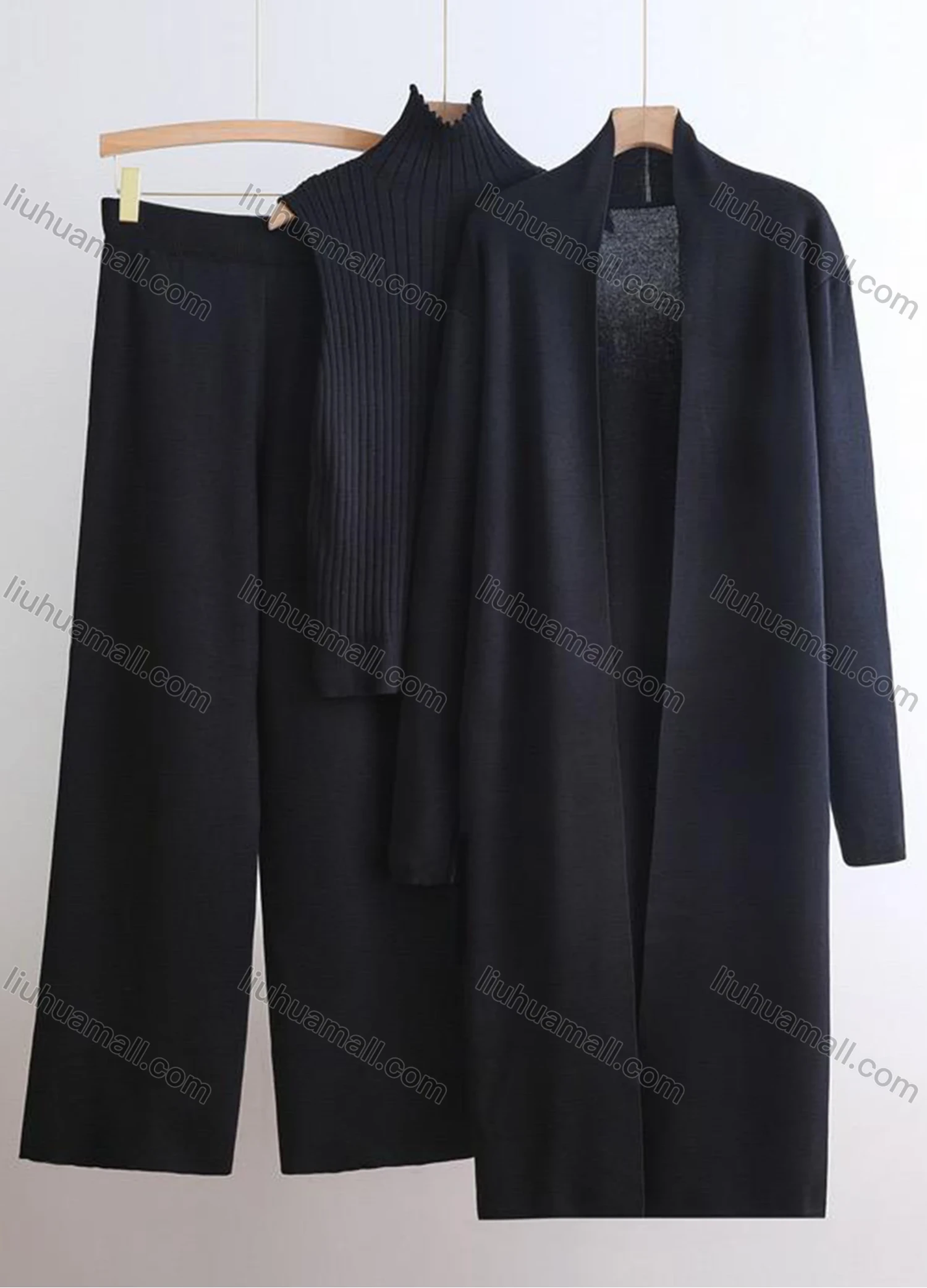 Wholesale Women's Elegant Plain Mid-length Cardigan 3 Piece Set With Wide-leg Pants - Liuhuamall
