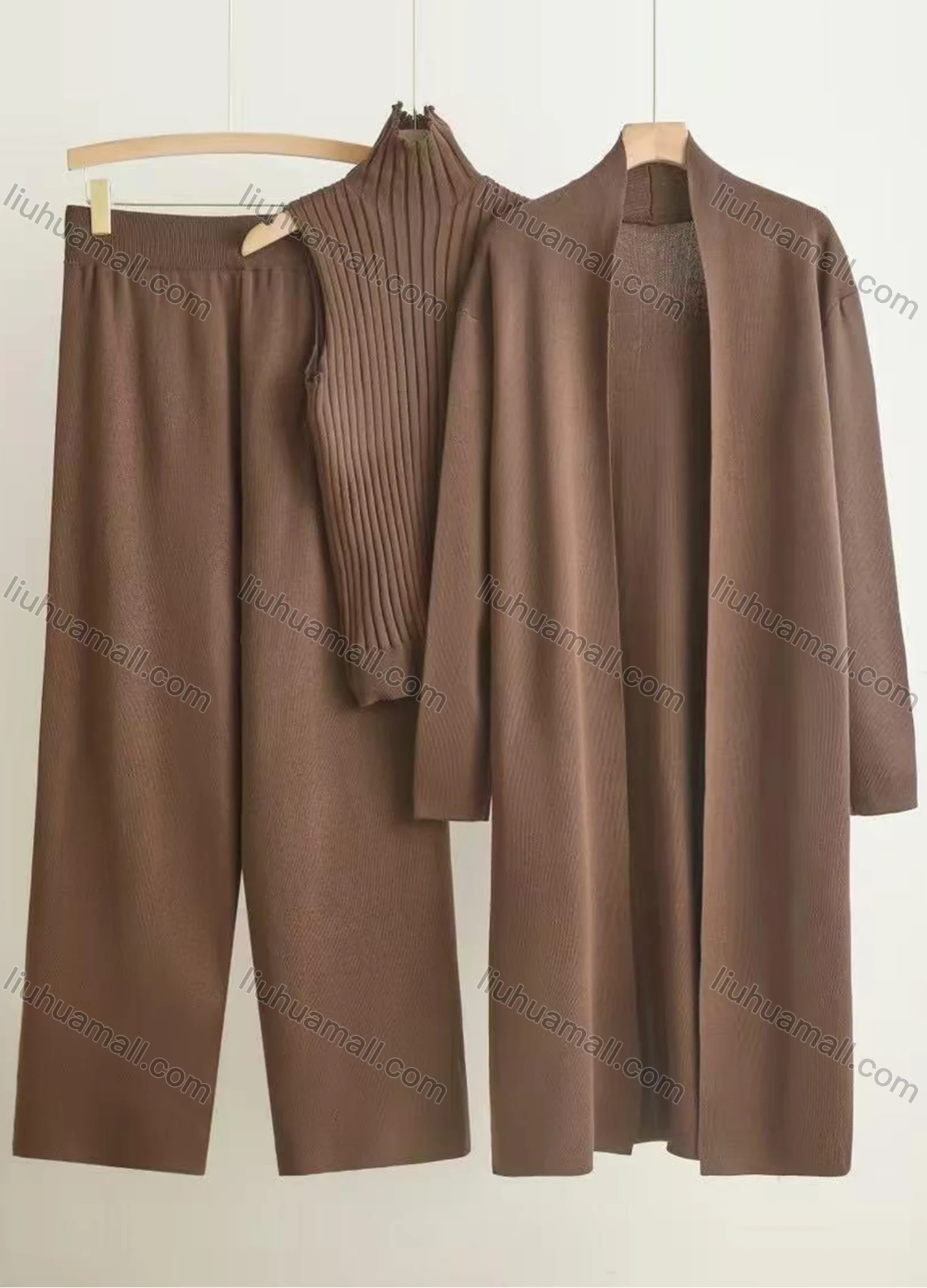 Wholesale Women's Elegant Plain Mid-length Cardigan 3 Piece Set With Wide-leg Pants - Liuhuamall