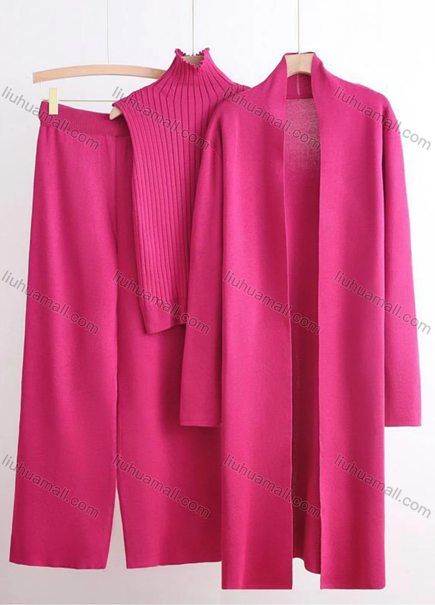 Wholesale Women's Elegant Plain Mid-length Cardigan 3 Piece Set With Wide-leg Pants - Liuhuamall