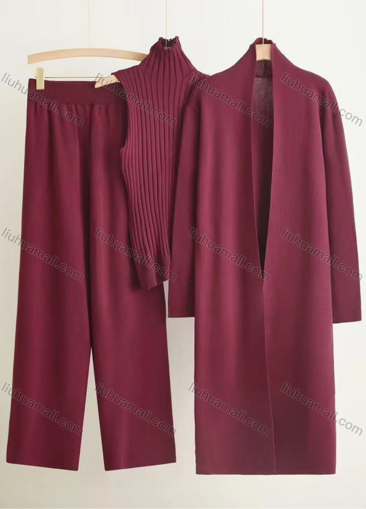 Wholesale Women's Elegant Plain Mid-length Cardigan 3 Piece Set With Wide-leg Pants - Liuhuamall