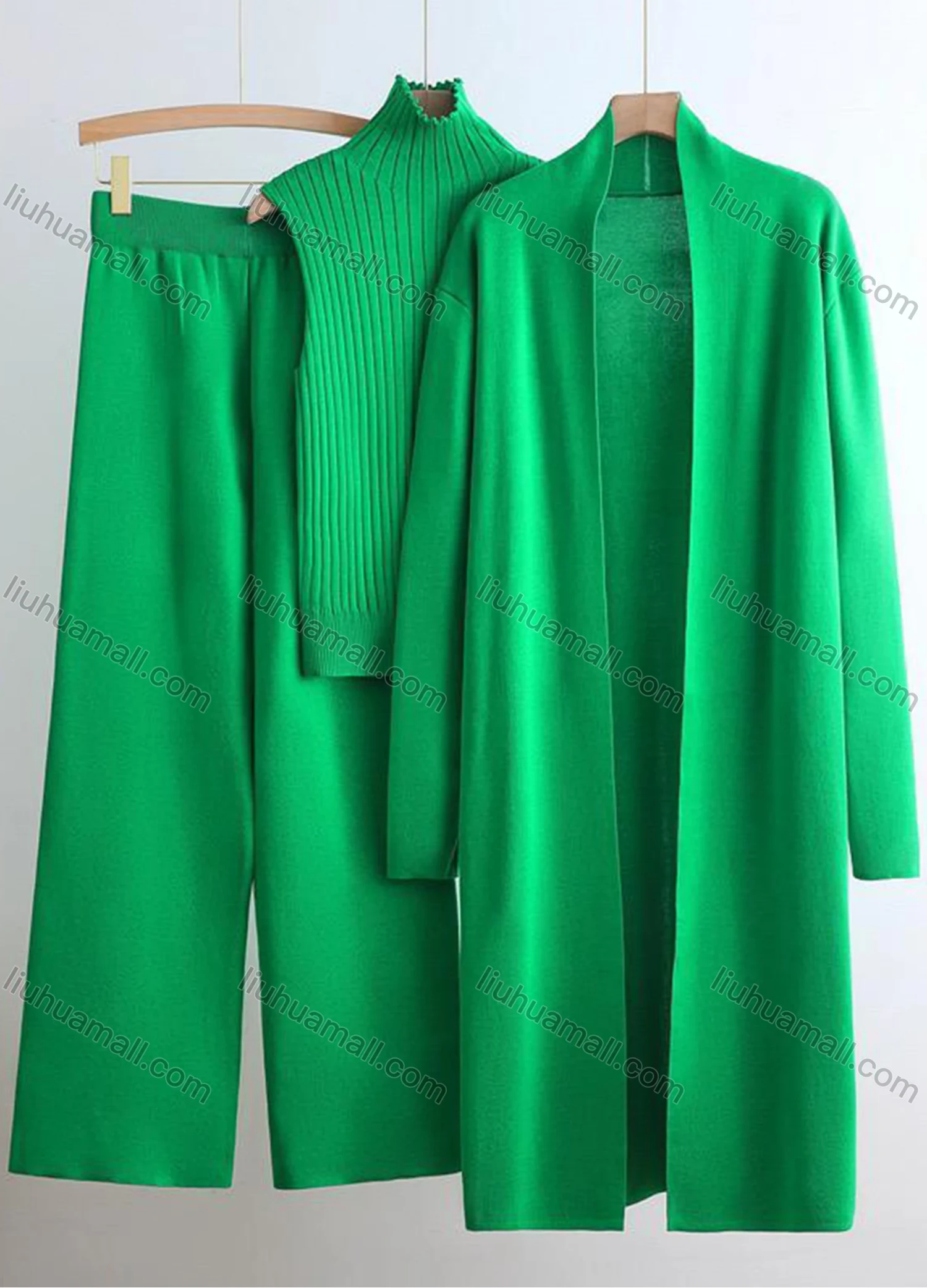 Wholesale Women's Elegant Plain Mid-length Cardigan 3 Piece Set With Wide-leg Pants - Liuhuamall