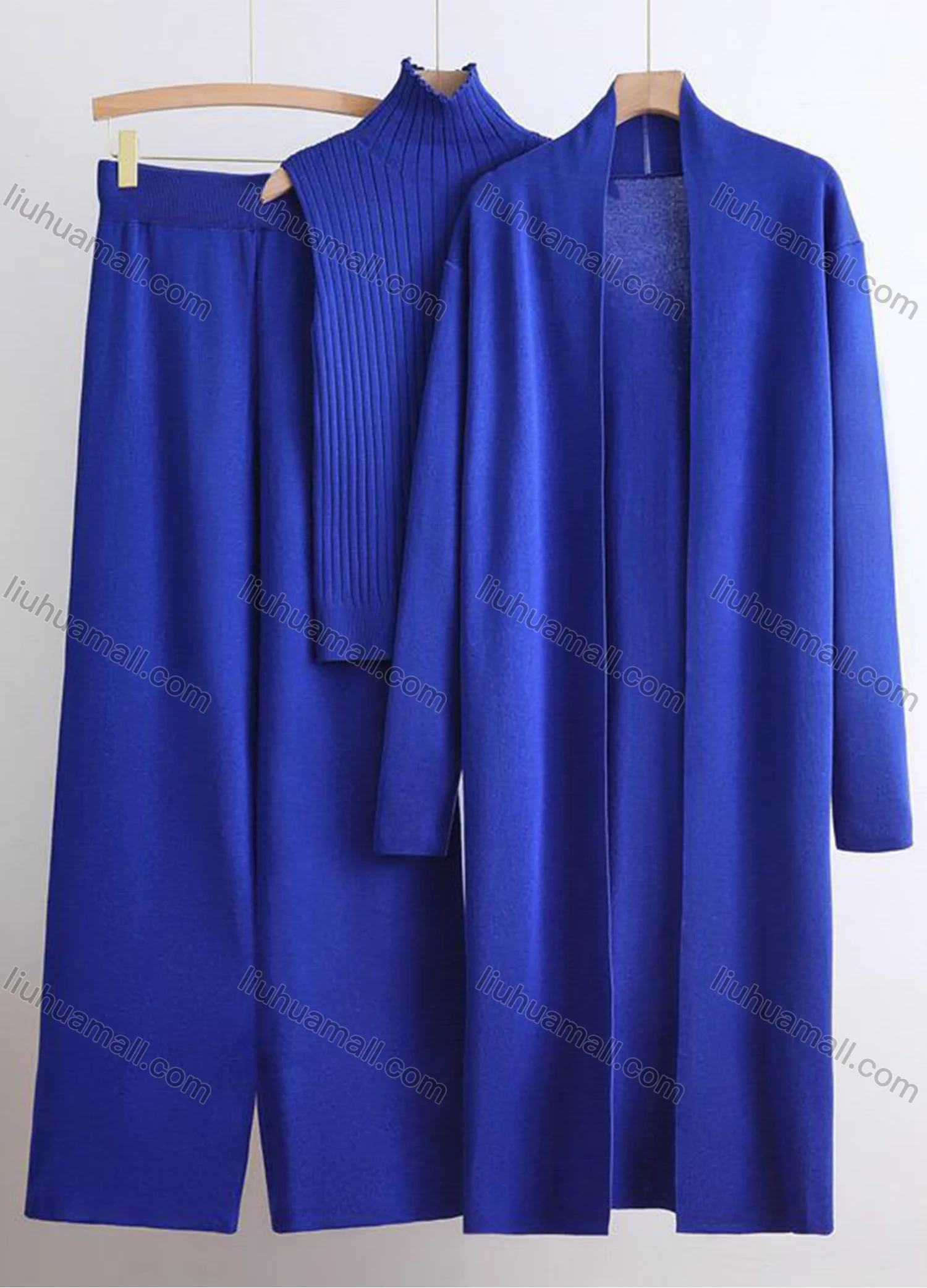 Wholesale Women's Elegant Plain Mid-length Cardigan 3 Piece Set With Wide-leg Pants - Liuhuamall