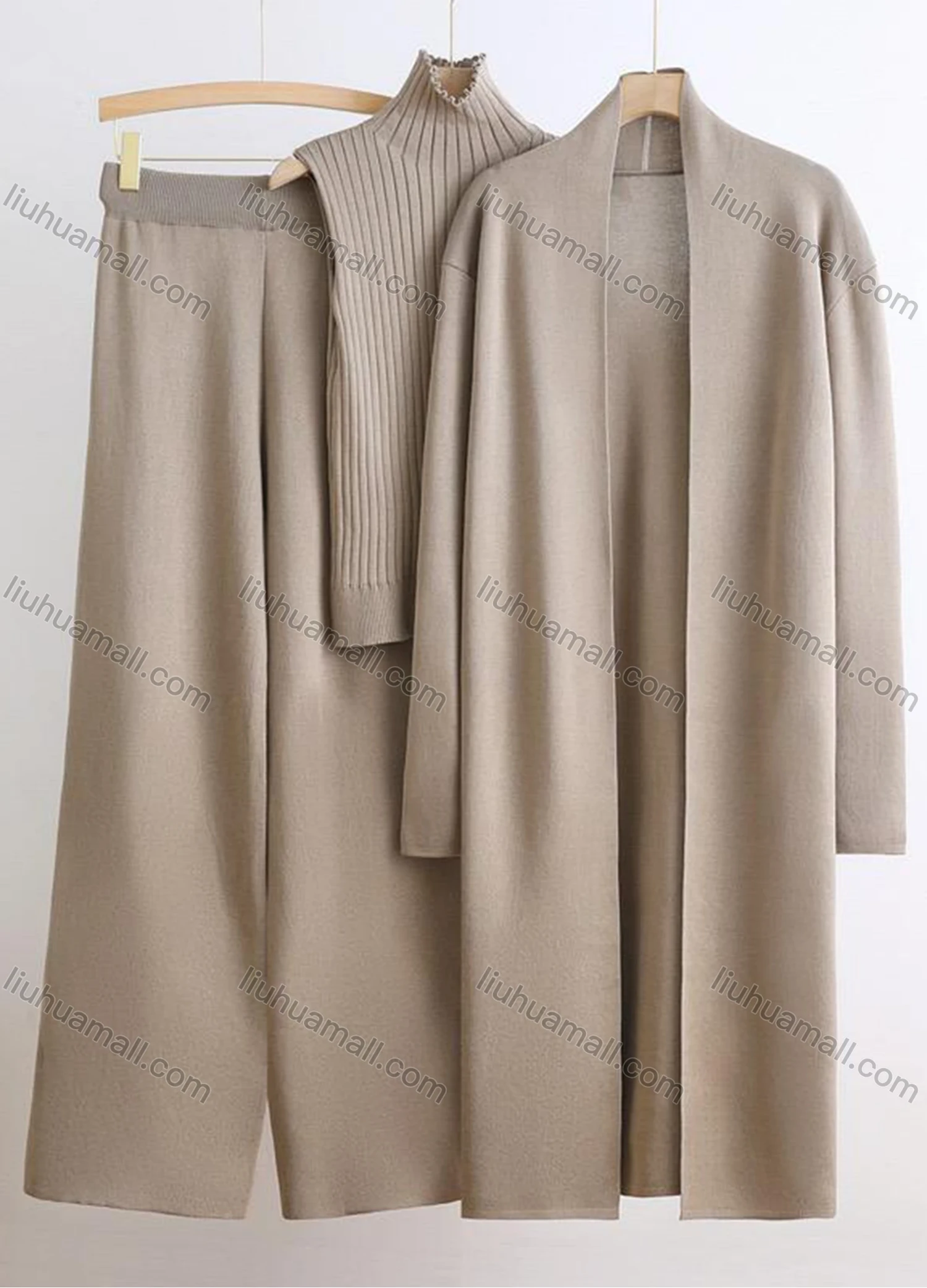 Wholesale Women's Elegant Plain Mid-length Cardigan 3 Piece Set With Wide-leg Pants - Liuhuamall