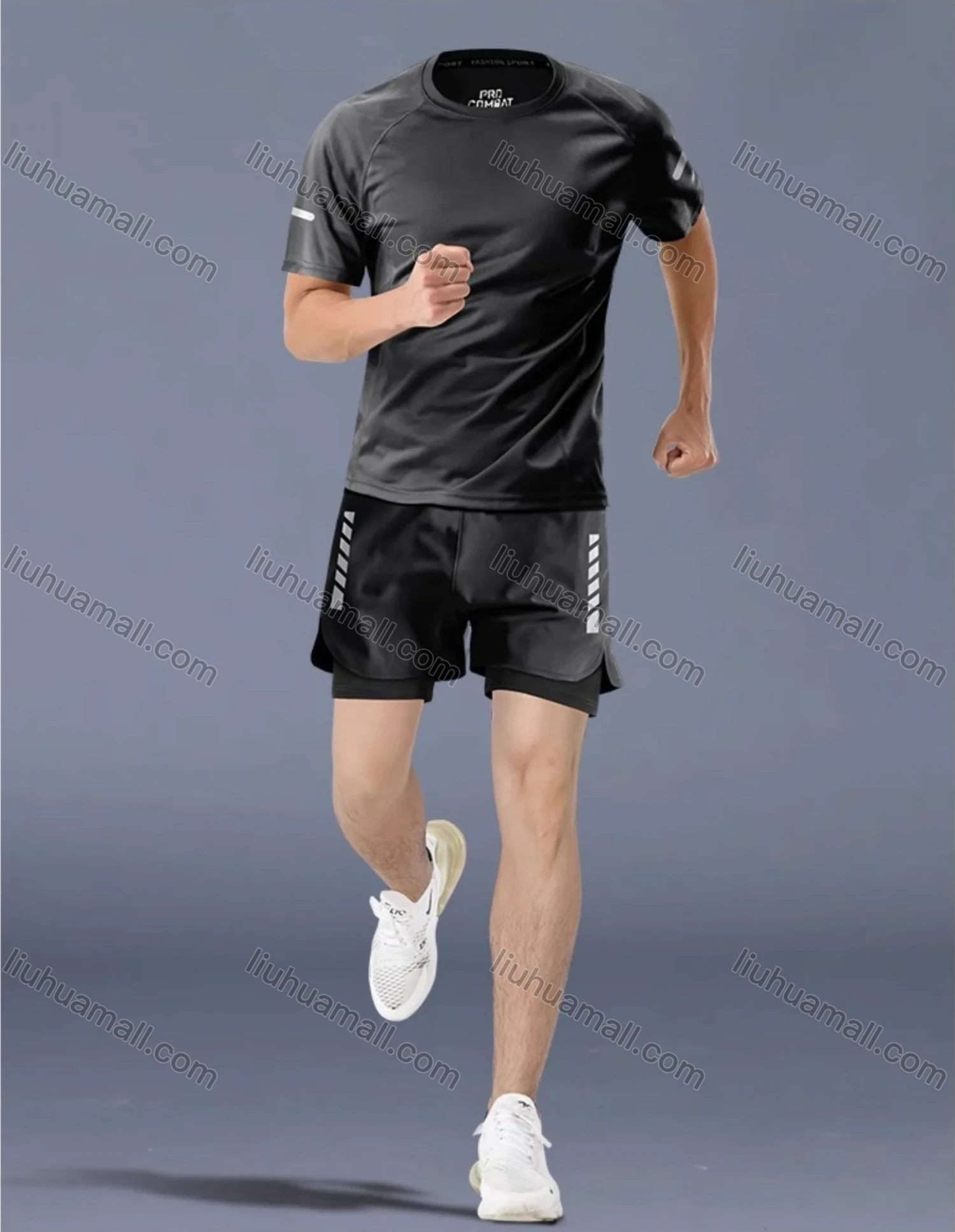 Wholesale Men's Fitness Clothes Marathon Running Training Short Sleeve shirts With Shorts Quick-drying Sports Set - Liuhuamall