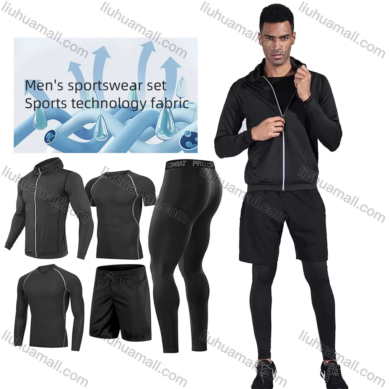 Wholesale Men's Sports Suit Fitness Outdoor Running Tight-Fitting & Training Quick Dry 5-Piece Set - Liuhuamall