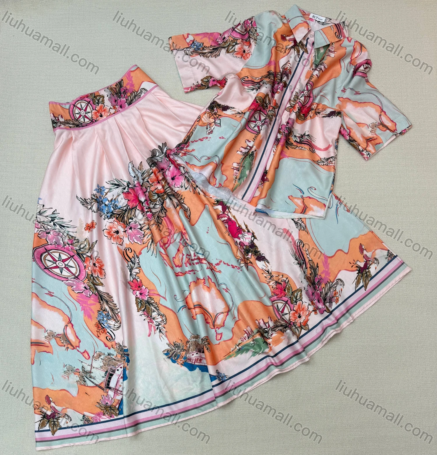 Wholesale Women's Fashion Printed Shirt and Skirt 2-piece Set - Liuhuamall