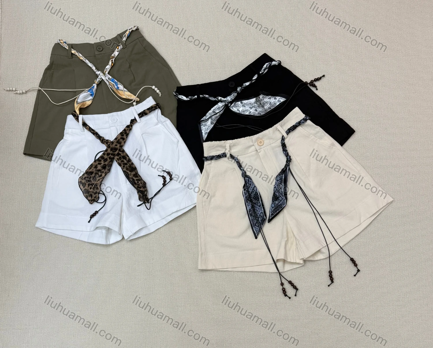 Wholesale Fashion women's solid color shorts, made of pure cotton, soft and comfortable, with a stylish scarf belt for a chic - Liuhuamall