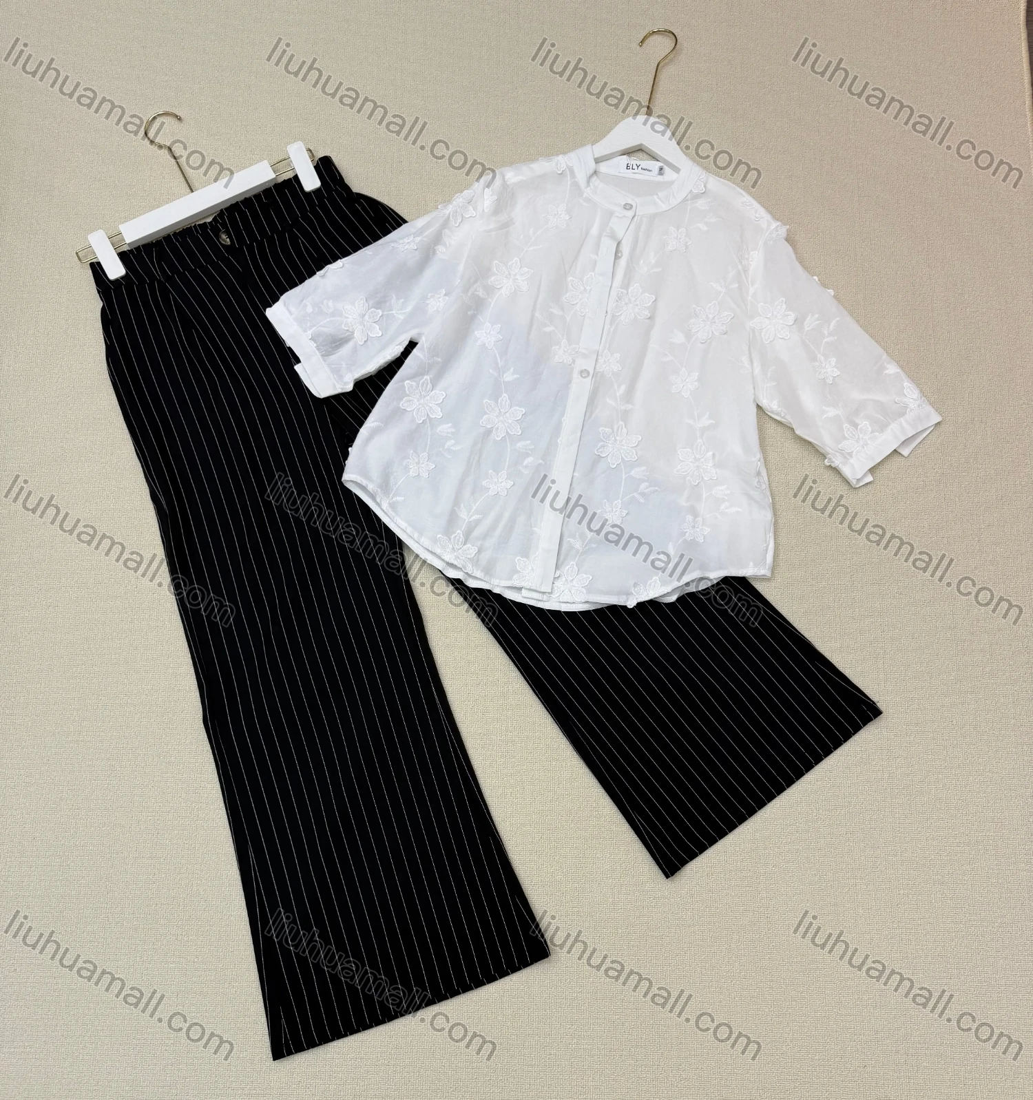 Wholesale Two-piece set: solid color shirt with 3D floral design + striped trousers. - Liuhuamall
