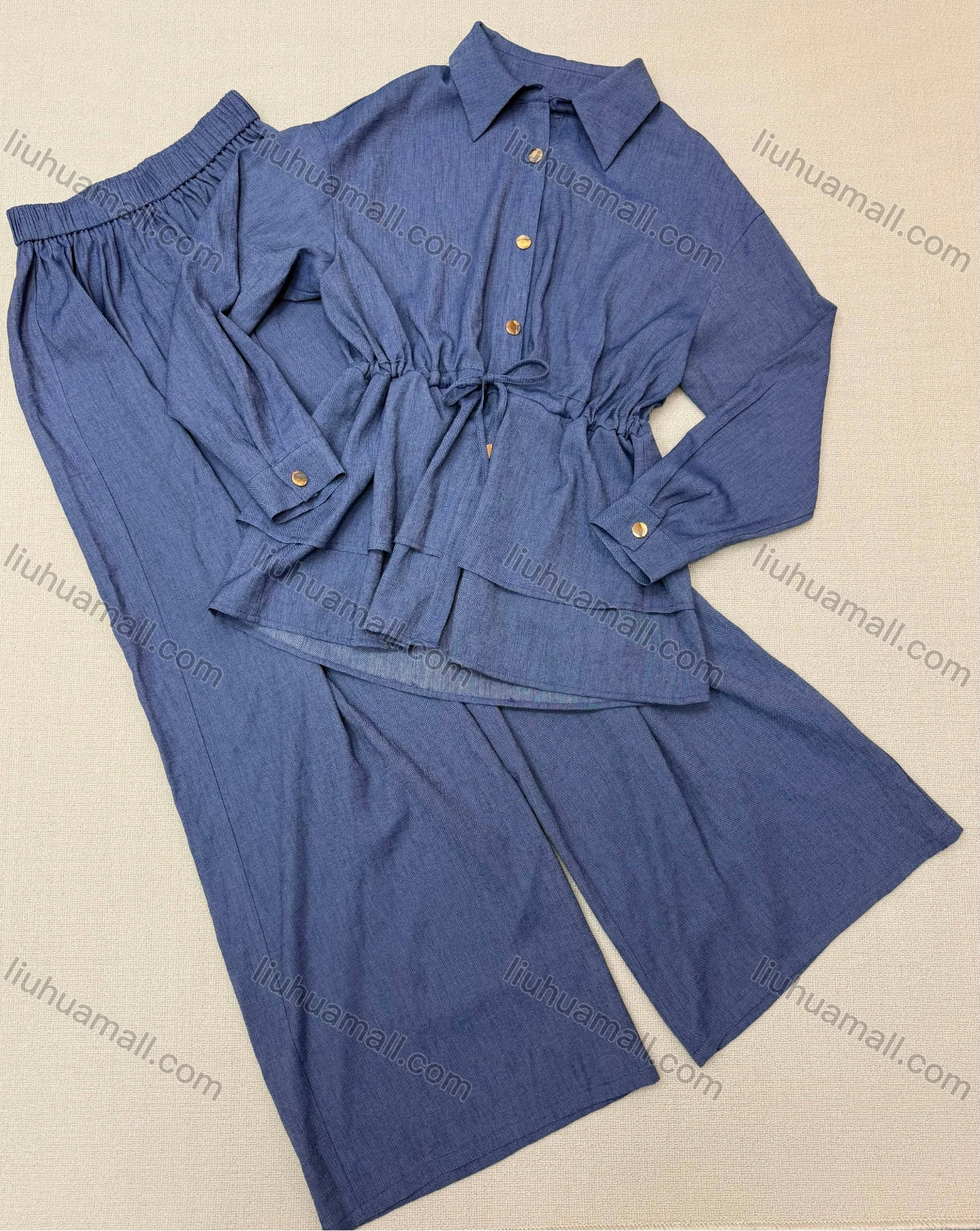 Wholesale Vintage loose waist-cinching shirt with wide-leg culottes. - Liuhuamall