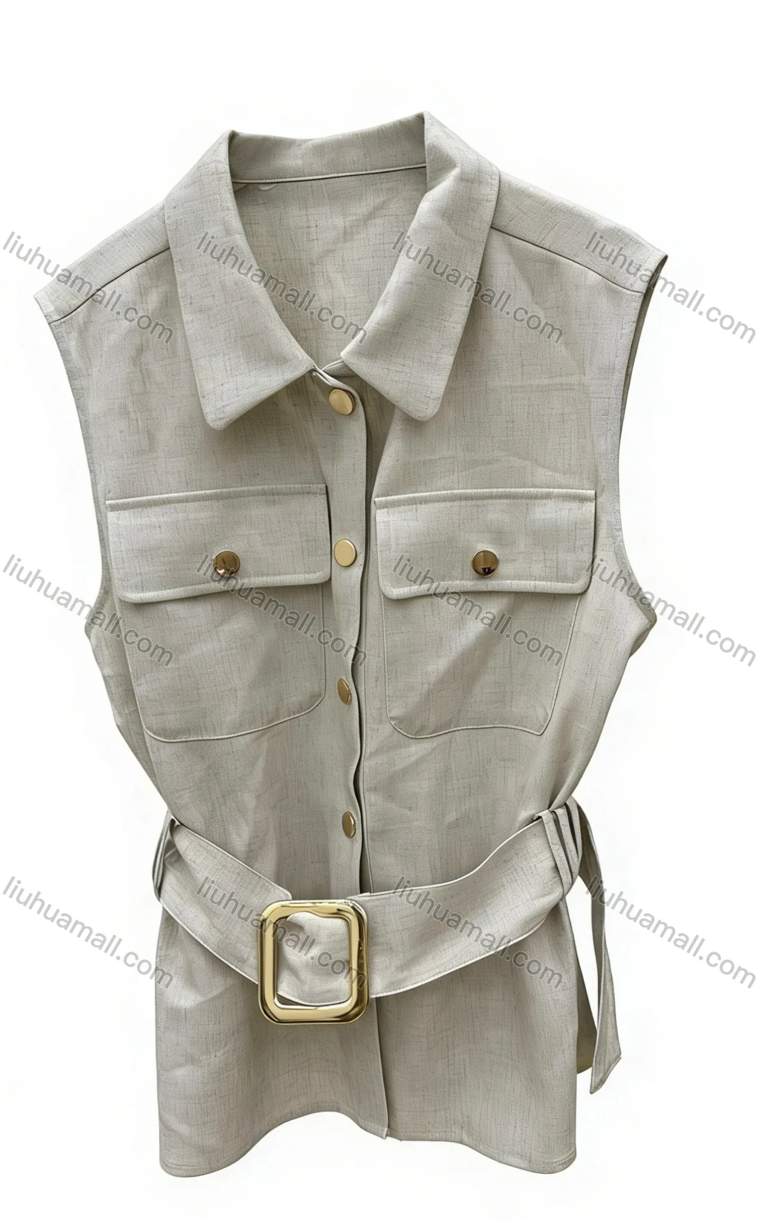 Wholesale Women's Fashion Hardware Belt Sleeveless Vest - Light Beige Utility Waistcoat with Pointed Collar, Gold Buttons & Square - Liuhuamall