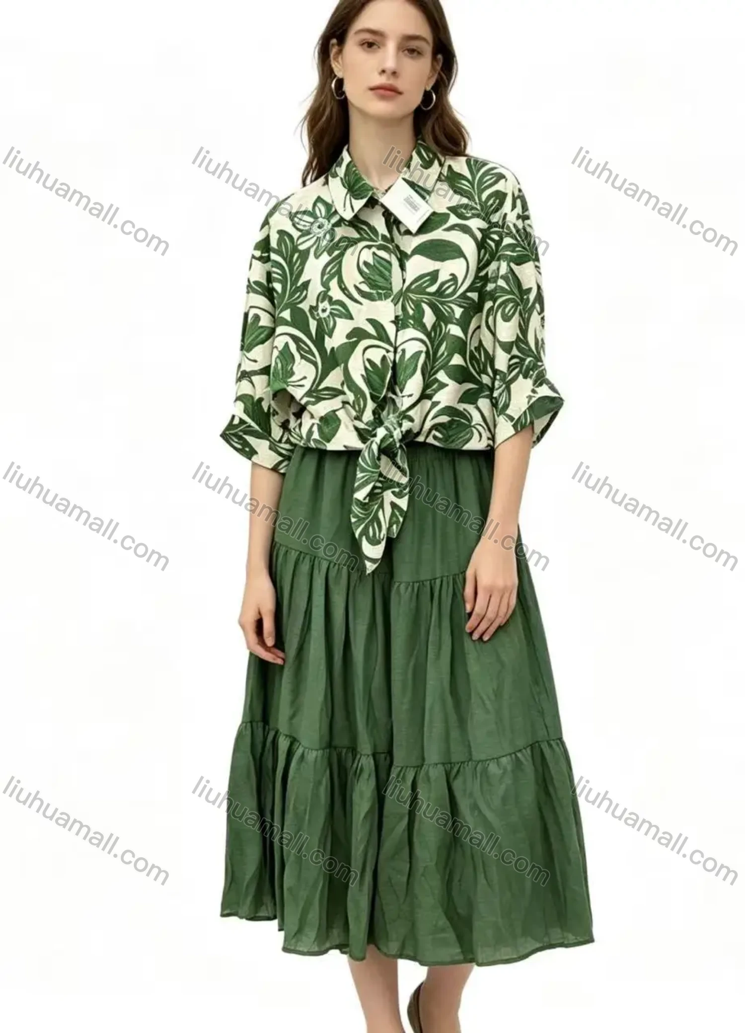 Wholesale Women's Floral Print Cotton Blend Shirt & Tiered Skirt Set - Liuhuamall