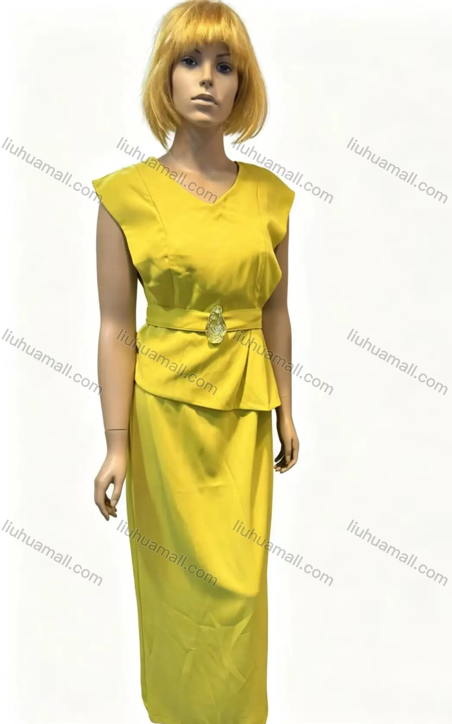 Wholesale Women's Faux Two-Piece Sleeveless Midi Dress with Belt & Slit - Liuhuamall