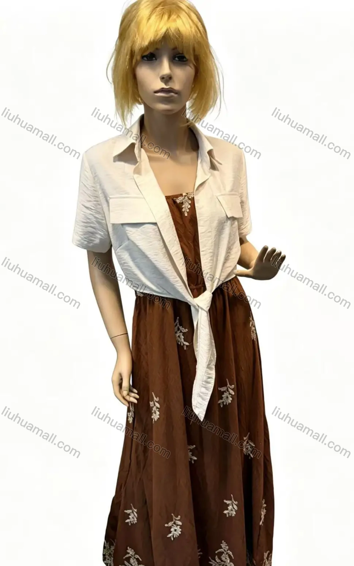 Wholesale Women's 2-Piece Set Embroidered Maxi Dress with Tie-Front Shrug - Liuhuamall