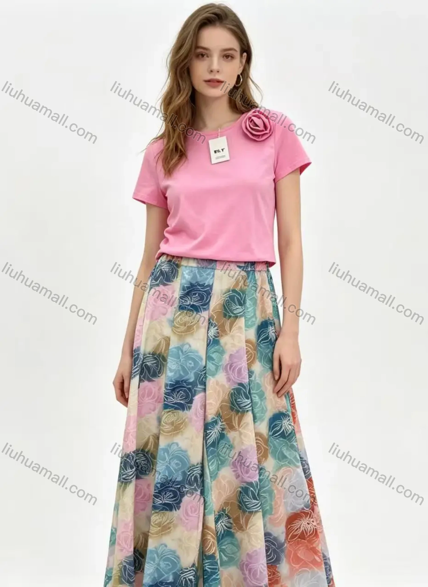 Wholesale Women's 3D Flower Knit T-Shirt + Floral Print Wide Leg Pants 2 Piece Set - Liuhuamall