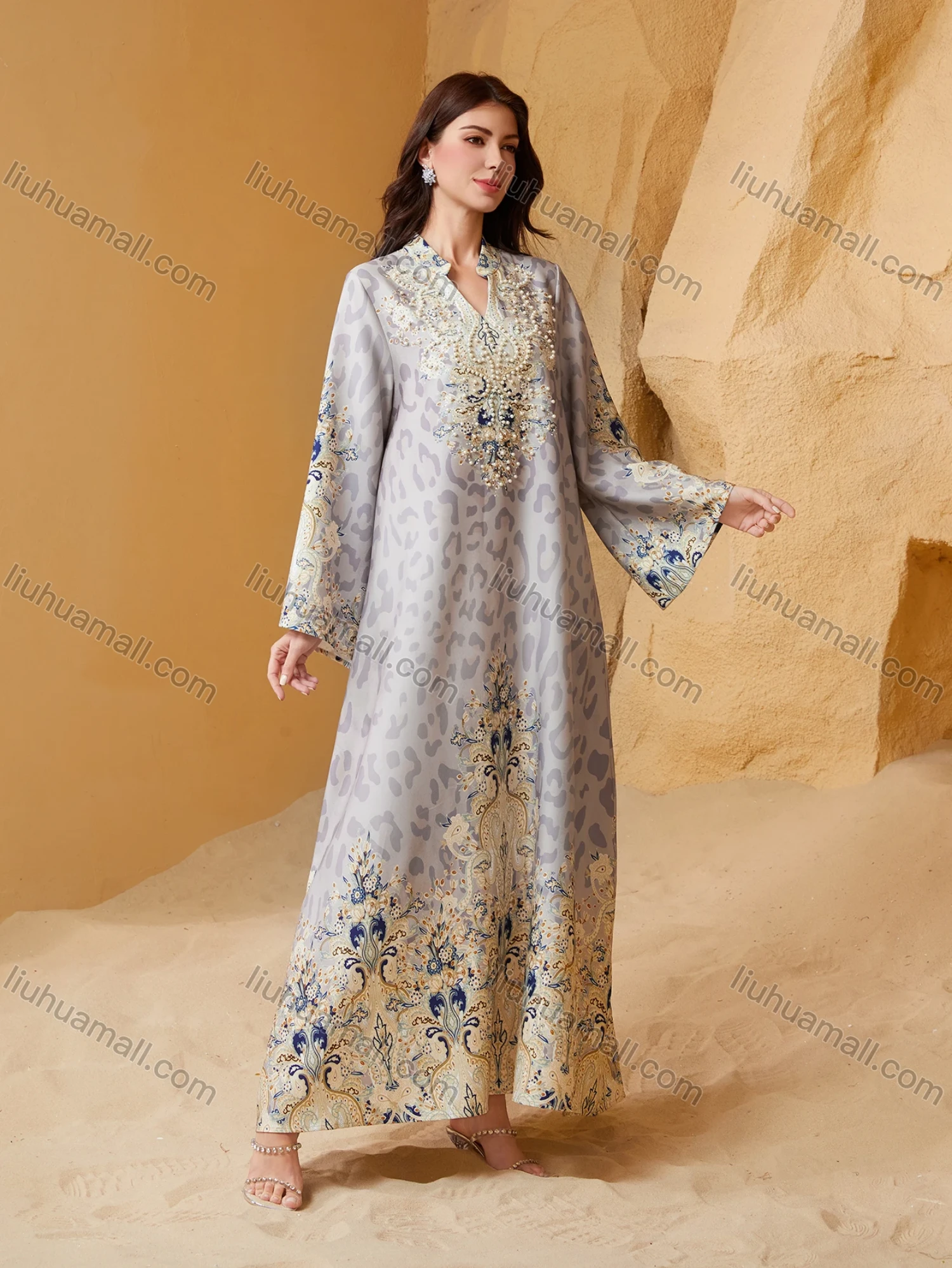 Wholesale Luxury Beaded & Pearl Embroidered Muslim Abaya, Dubai Style Flare Sleeve Modest Maxi Kaftan for Eid Ramadan - Liuhuamall