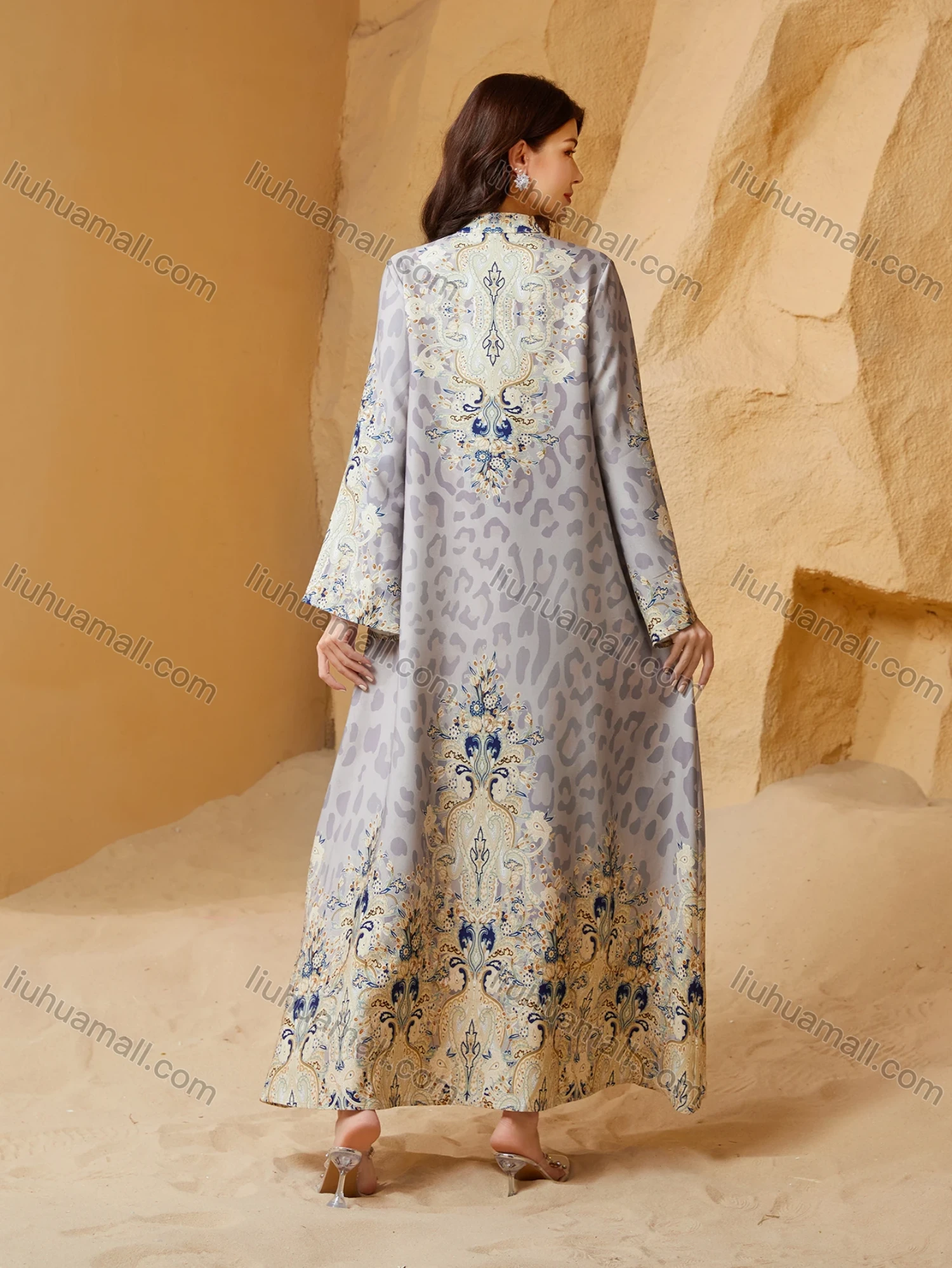 Wholesale Luxury Beaded & Pearl Embroidered Muslim Abaya, Dubai Style Flare Sleeve Modest Maxi Kaftan for Eid Ramadan - Liuhuamall