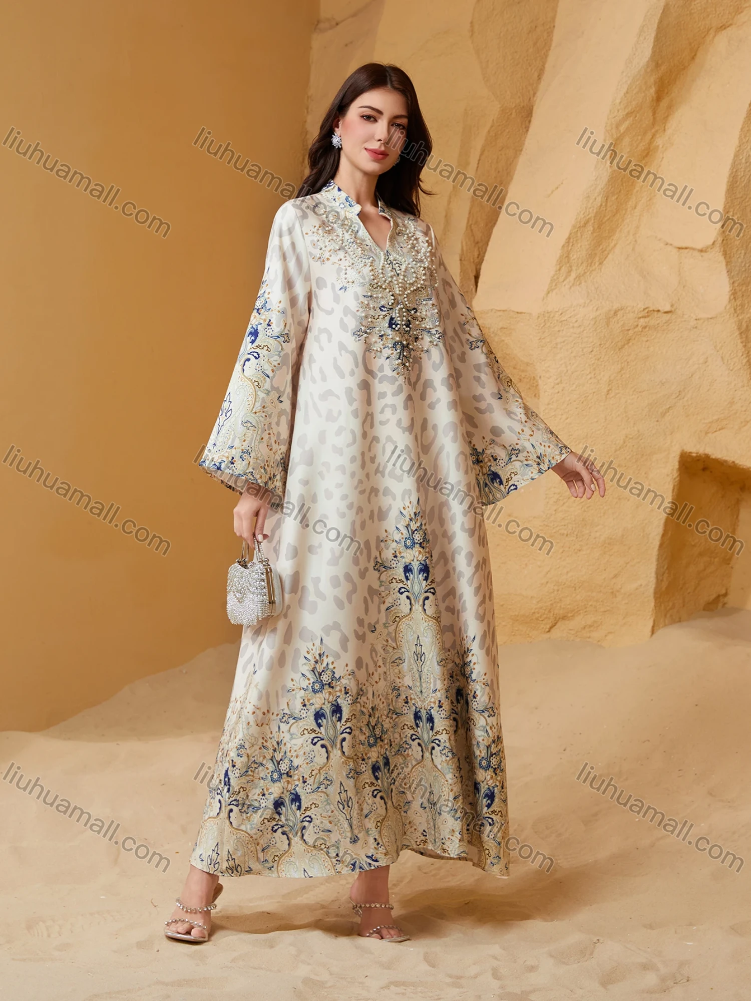 Wholesale Luxury Beaded & Pearl Embroidered Muslim Abaya, Dubai Style Flare Sleeve Modest Maxi Kaftan for Eid Ramadan - Liuhuamall