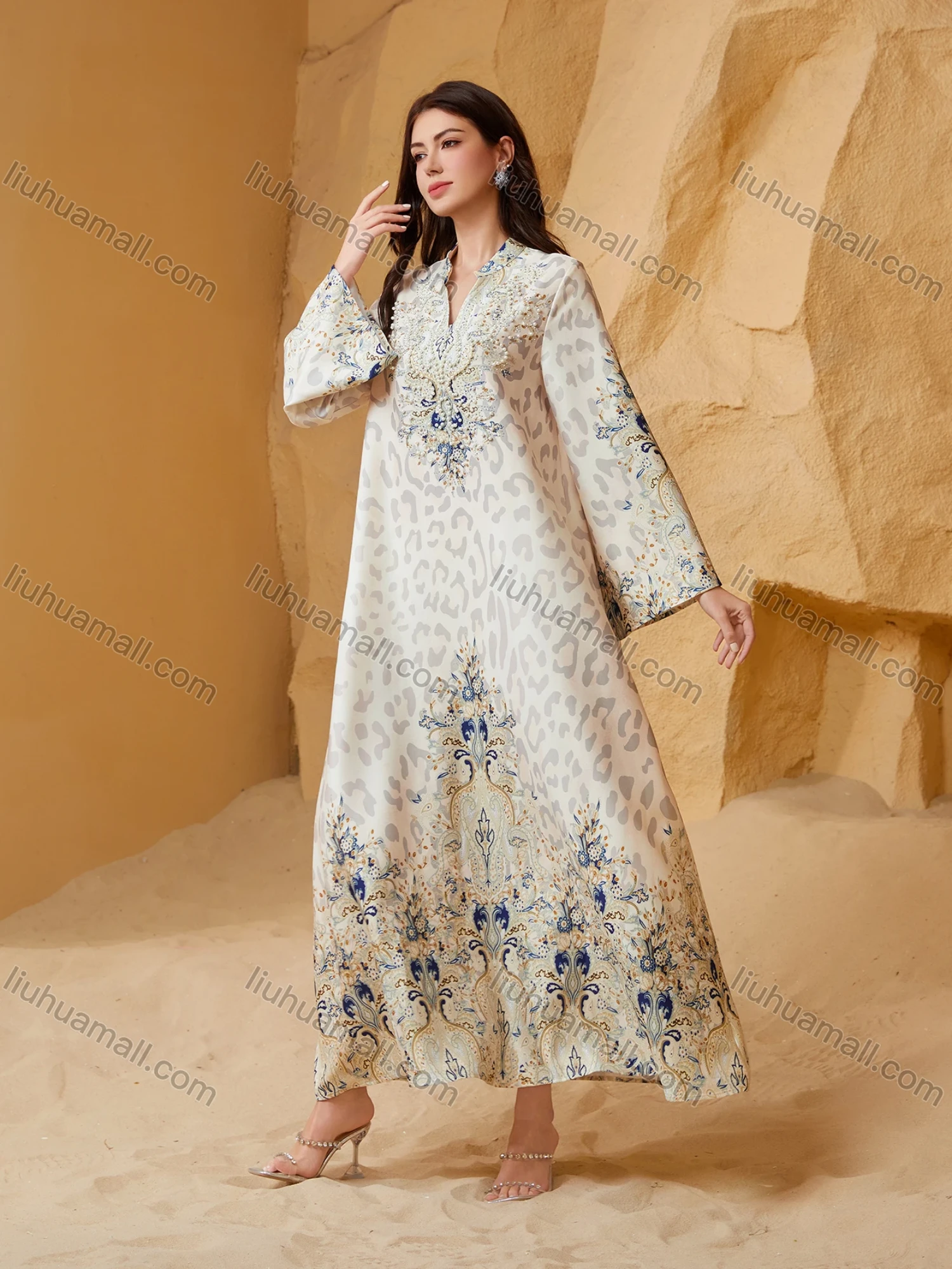 Wholesale Luxury Beaded & Pearl Embroidered Muslim Abaya, Dubai Style Flare Sleeve Modest Maxi Kaftan for Eid Ramadan - Liuhuamall