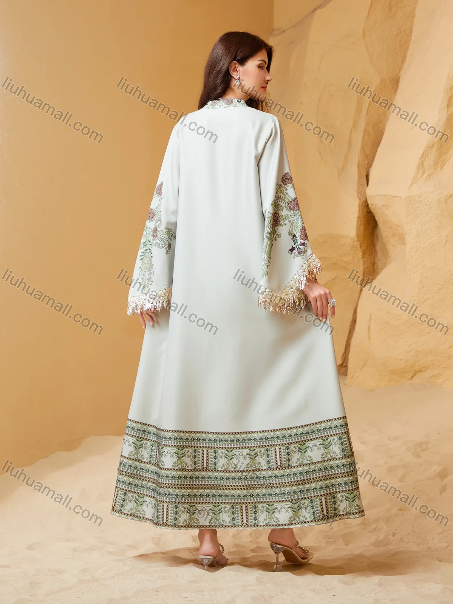 Wholesale Dubai Style Embroidered Print Kaftan for Women, Loose Tassel Sleeve Long Maxi Abaya, Modest Muslim Dress for Eid Ramadan - Liuhuamall