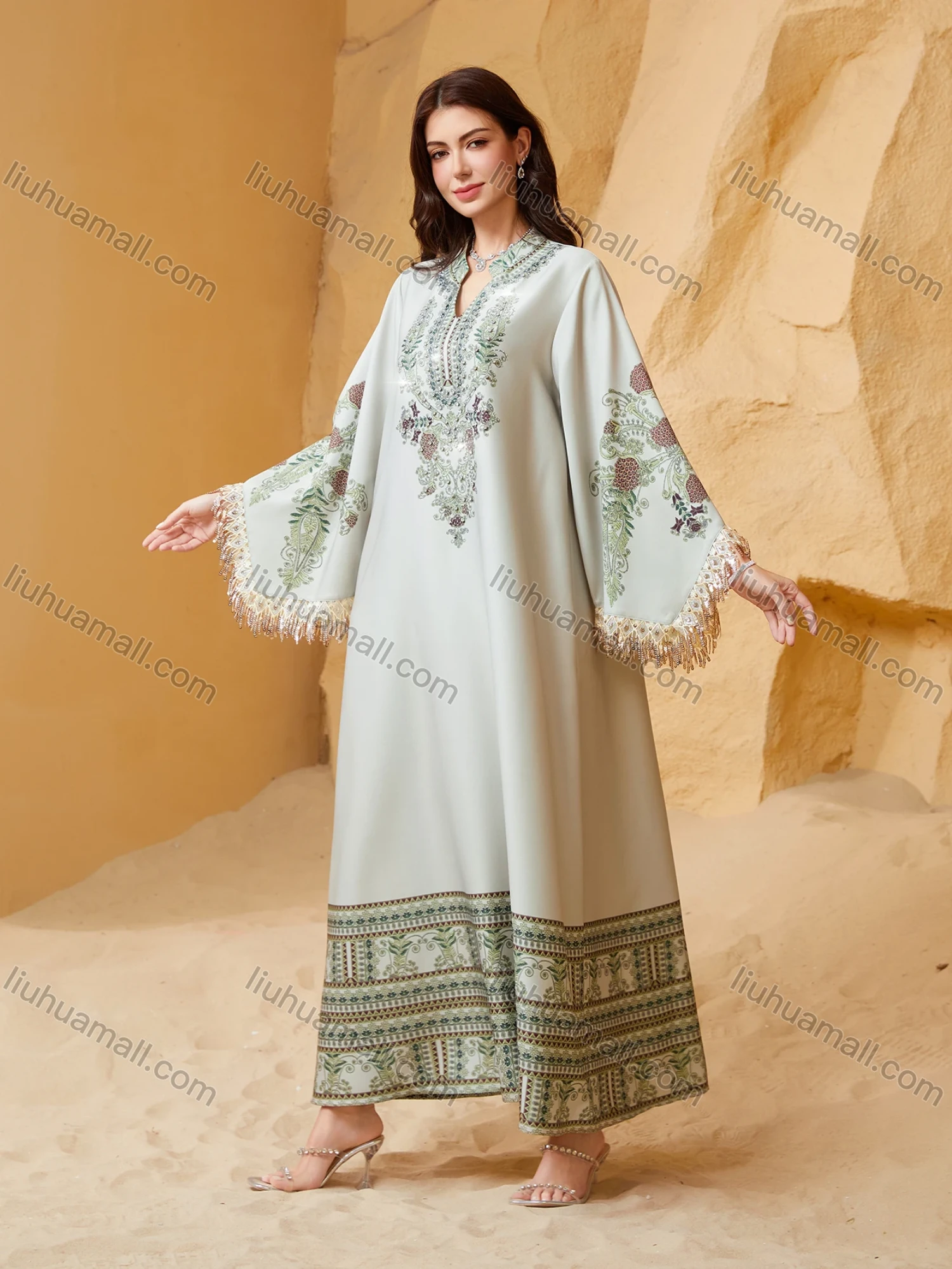 Wholesale Dubai Style Embroidered Print Kaftan for Women, Loose Tassel Sleeve Long Maxi Abaya, Modest Muslim Dress for Eid Ramadan - Liuhuamall