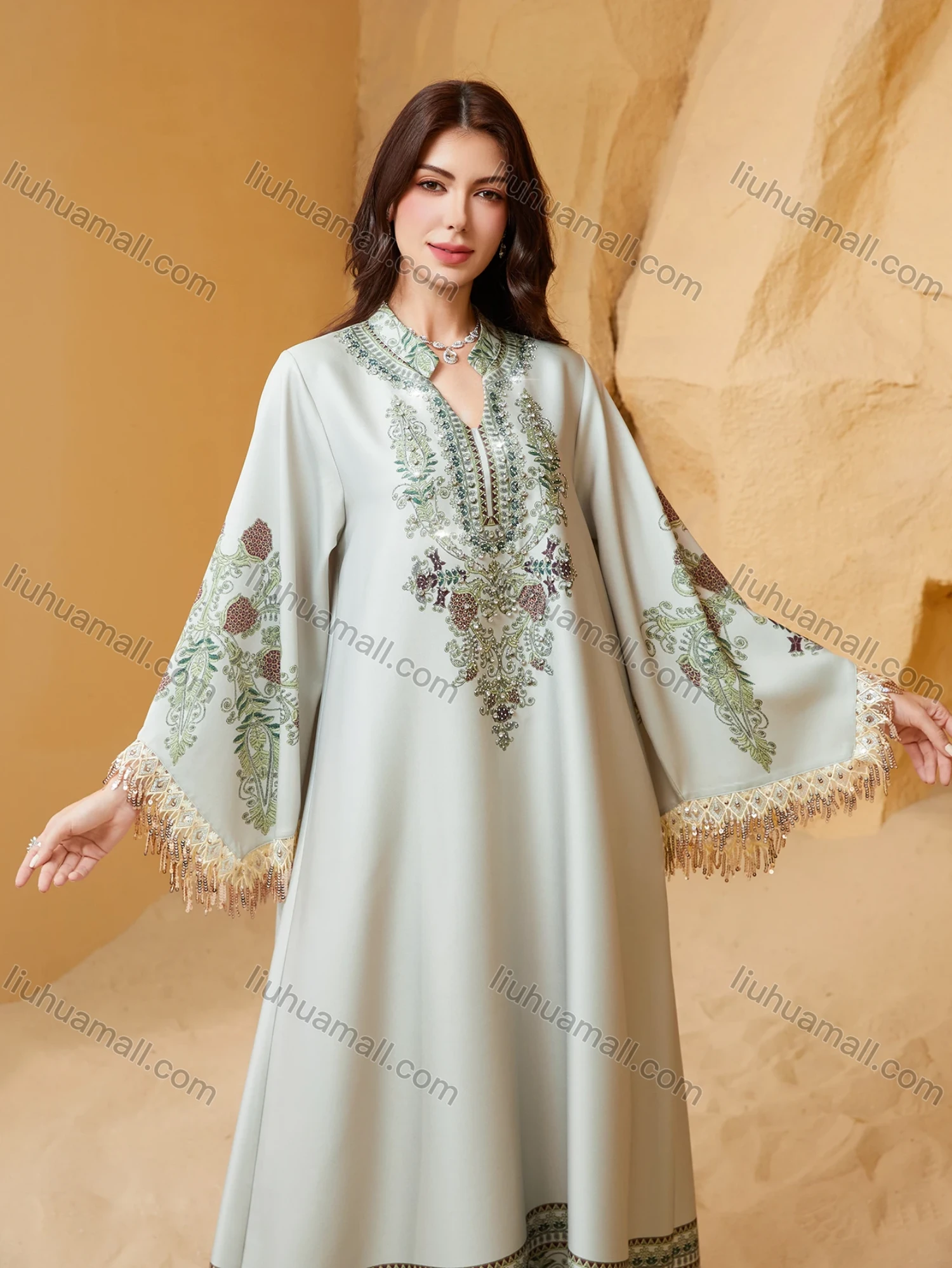 Wholesale Dubai Style Embroidered Print Kaftan for Women, Loose Tassel Sleeve Long Maxi Abaya, Modest Muslim Dress for Eid Ramadan - Liuhuamall