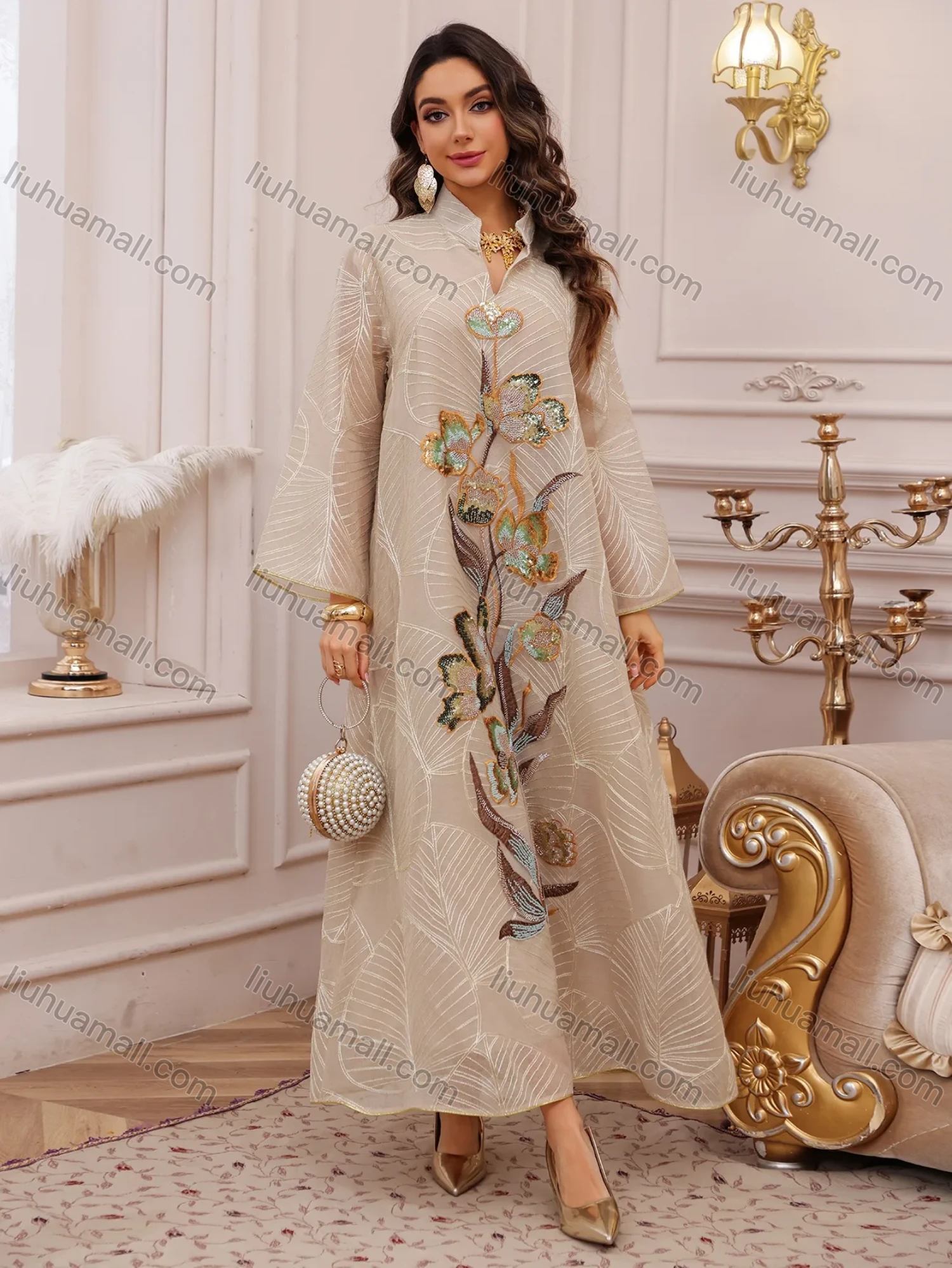 Wholesale Luxury Embroidered Abaya for Women, Elegant Sequined Floral Kaftan Dress, Modest Muslim Maxi Robe for Evening Party - Liuhuamall