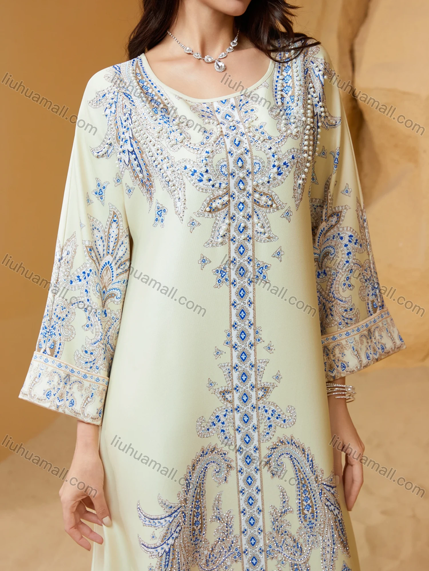Wholesale Luxury Beaded & Pearl Embroidered Muslim Abaya, Dubai Style Flare Sleeve Modest Maxi Kaftan for Eid Ramadan - Liuhuamall