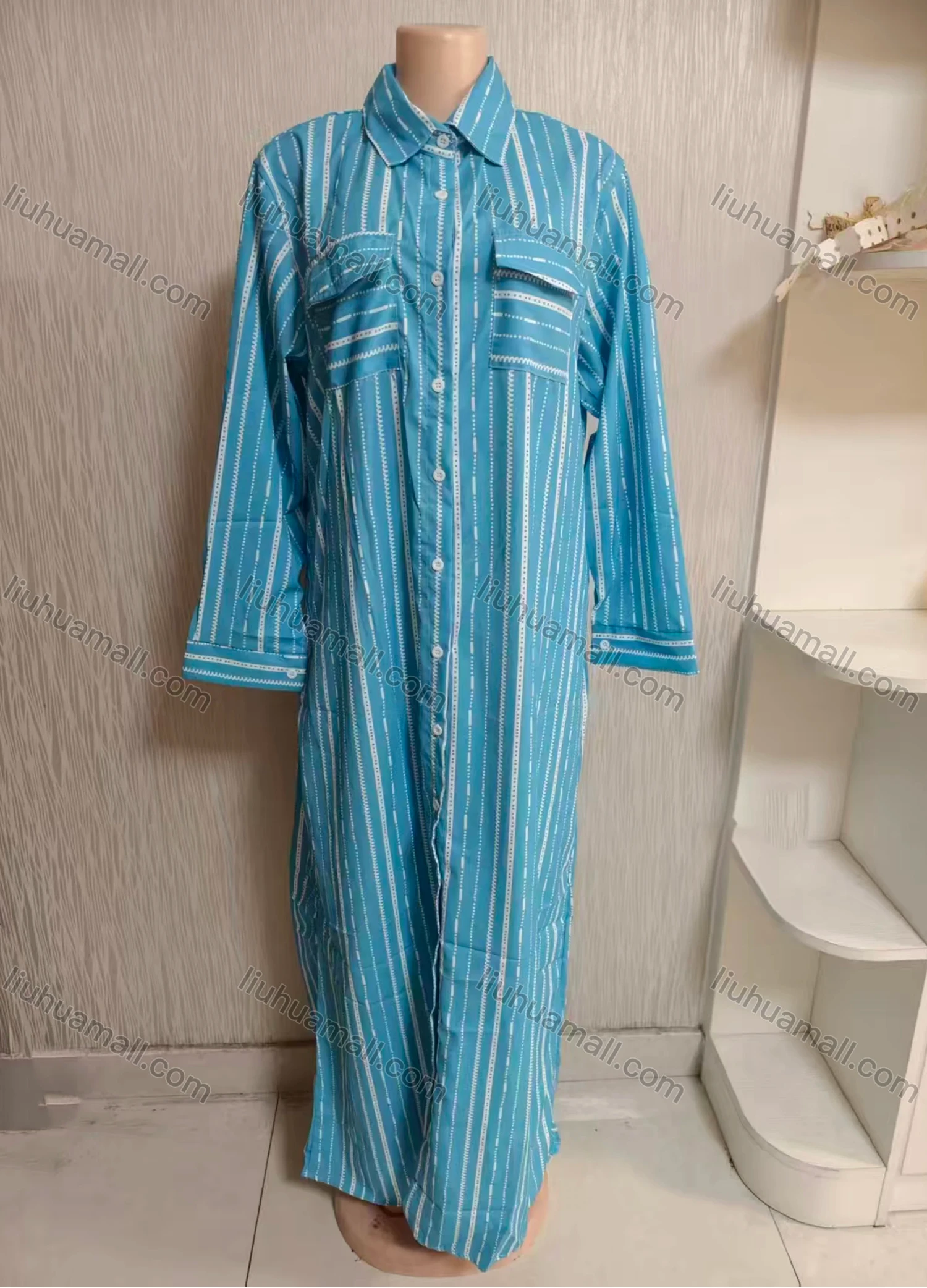 Wholesale Women's Loose Fit Collared Striped Print Button Down Maxi Shirt Dress With Patch Pocket 222# - Liuhuamall