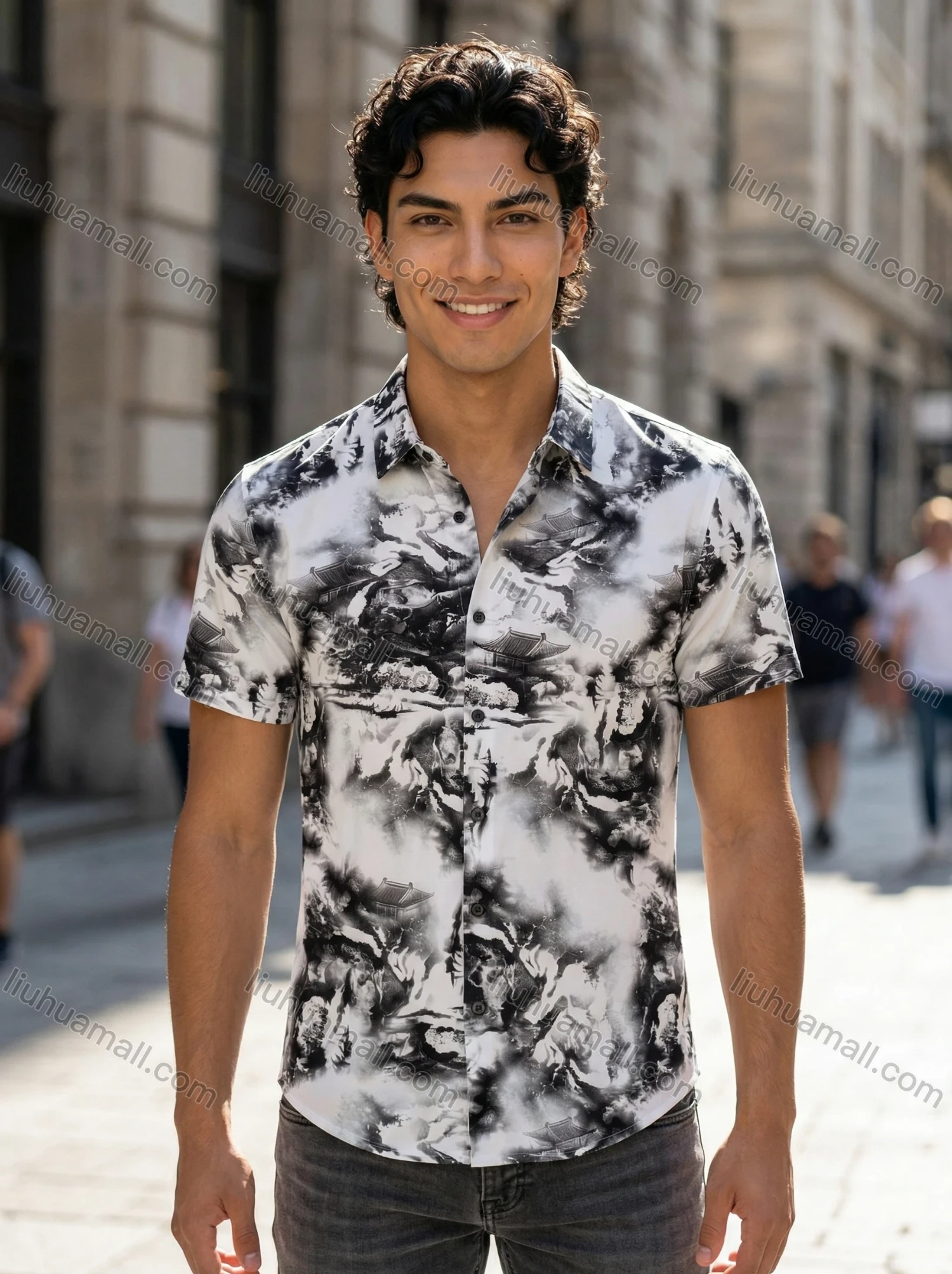 Wholesale 2026 New Men's Slim Fit Short Sleeve Shirt - Wholesale In Stock Traditional Chinese Ink Wash Landscape Temple Print Casu - Liuhuamall