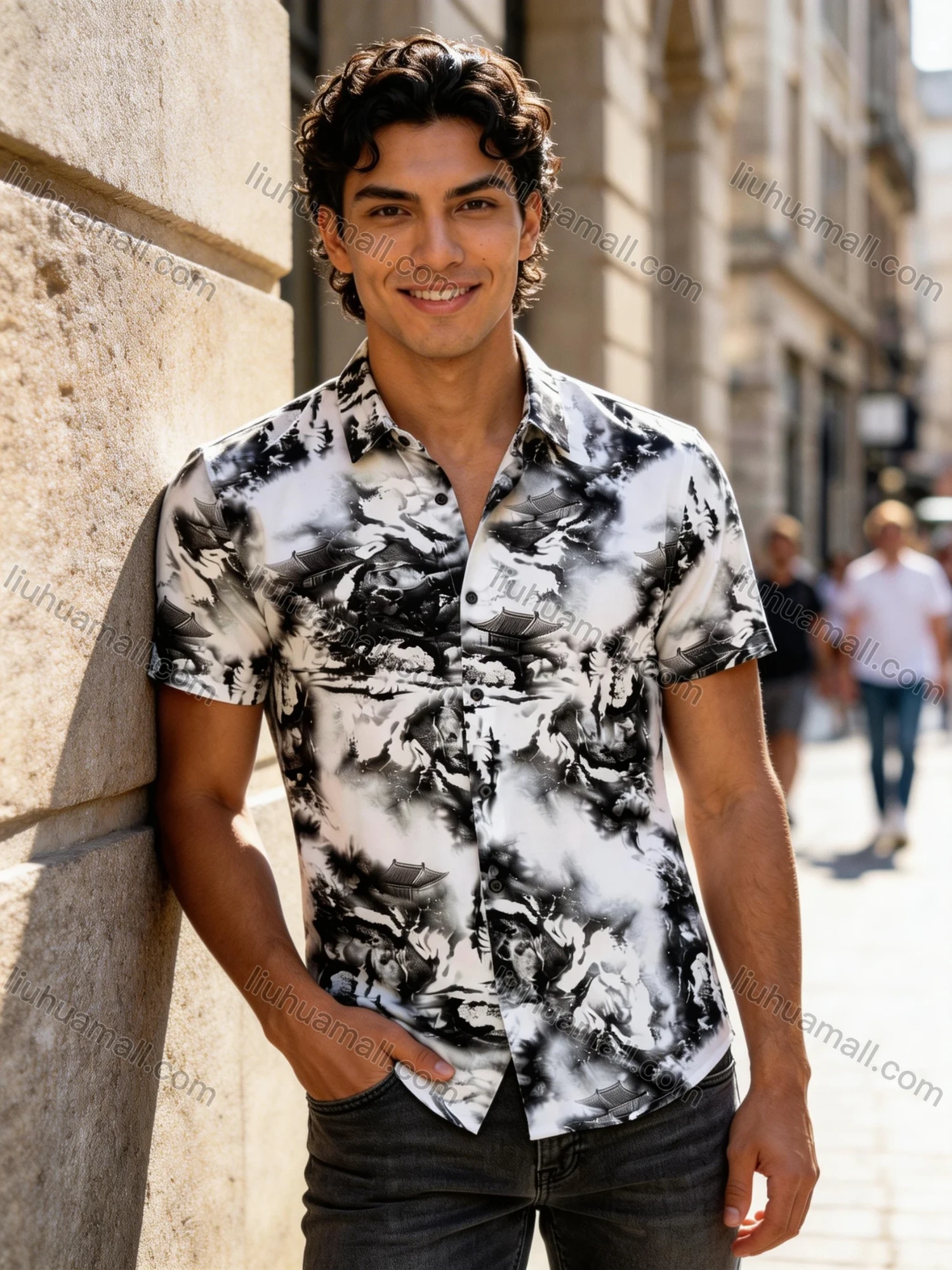 Wholesale 2026 New Men's Slim Fit Short Sleeve Shirt - Wholesale In Stock Traditional Chinese Ink Wash Landscape Temple Print Casu - Liuhuamall