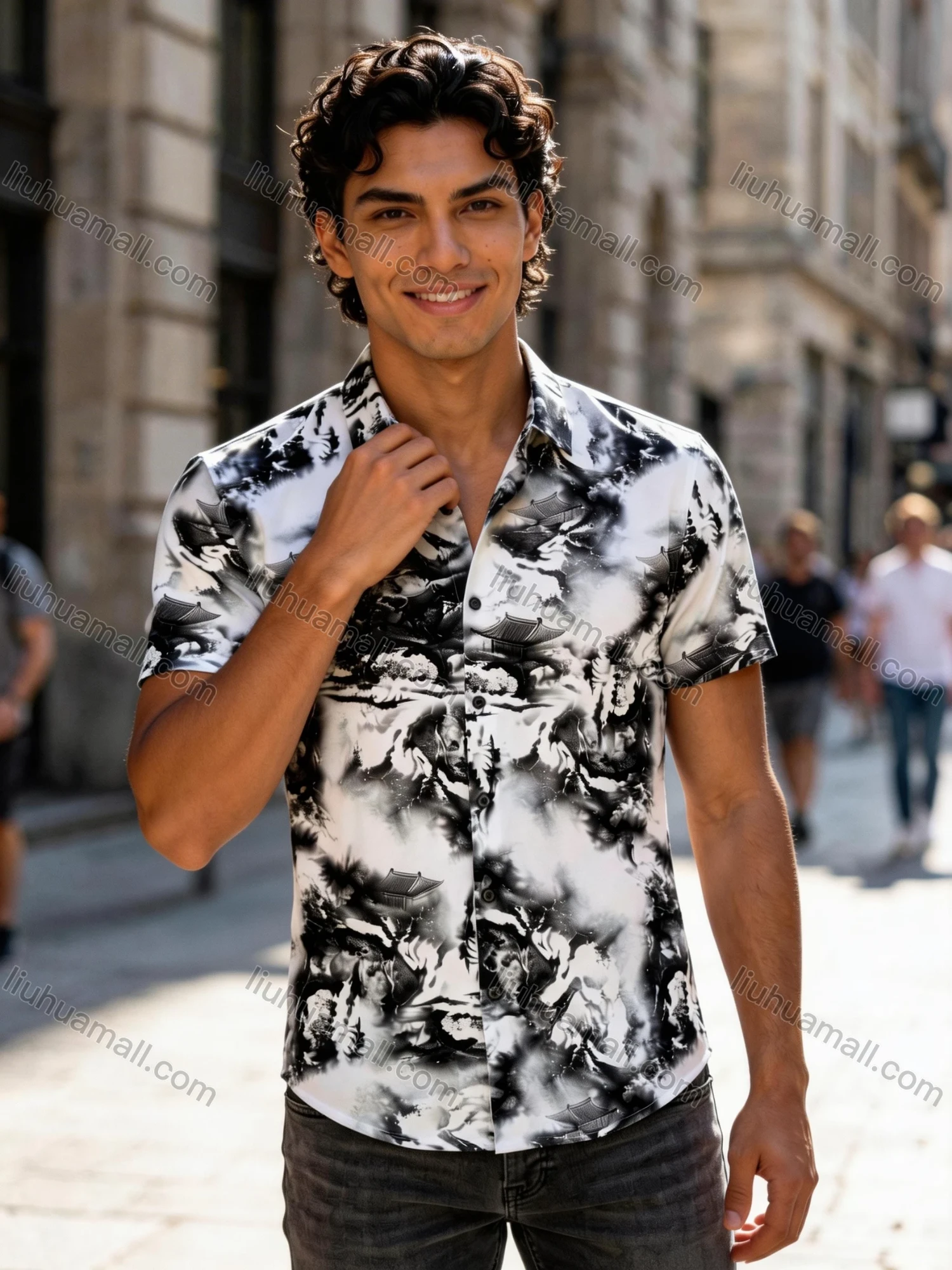 Wholesale 2026 New Men's Slim Fit Short Sleeve Shirt - Wholesale In Stock Traditional Chinese Ink Wash Landscape Temple Print Casu - Liuhuamall