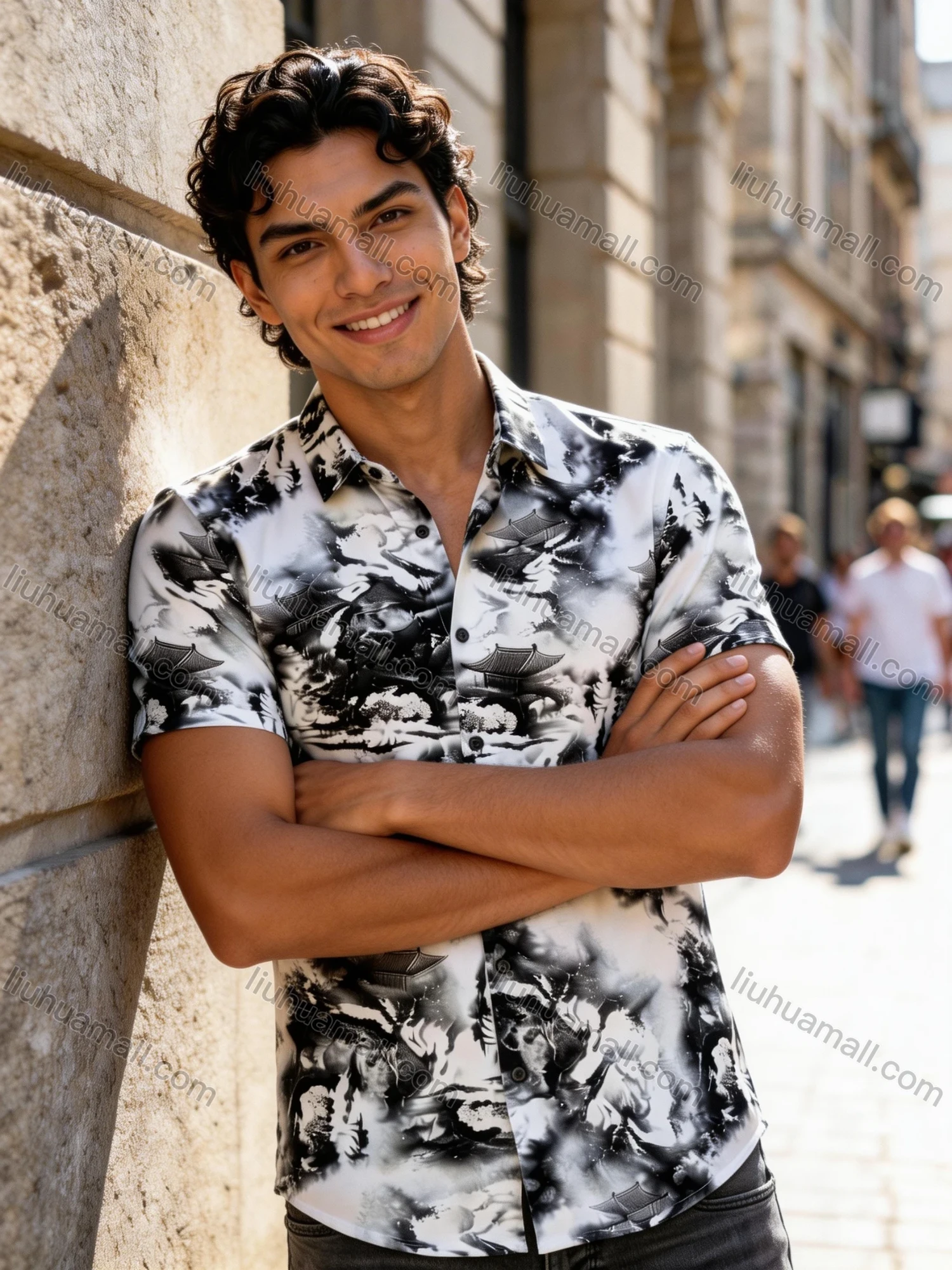 Wholesale 2026 New Men's Slim Fit Short Sleeve Shirt - Wholesale In Stock Traditional Chinese Ink Wash Landscape Temple Print Casu - Liuhuamall